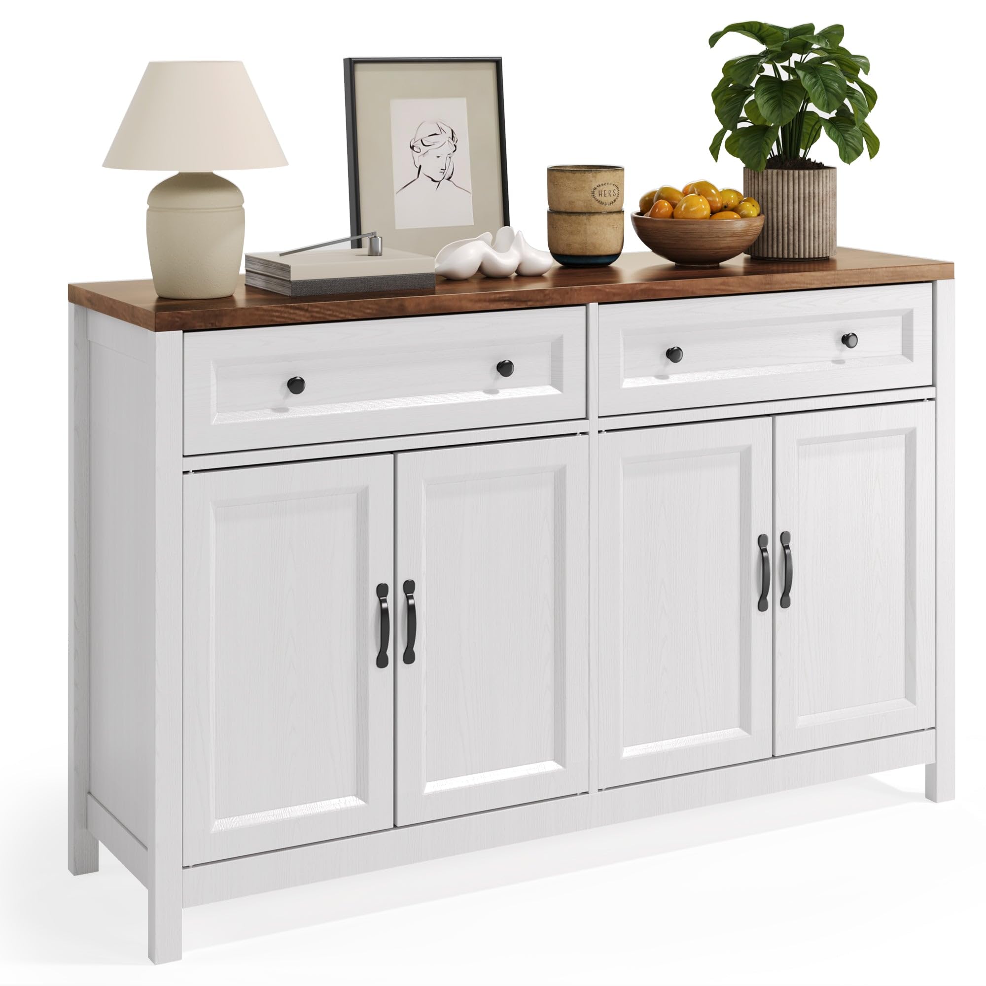 Farmhouse Sideboard Buffet Cabinet with Storage, White/Rustic Brown Coffee Bar with Drawers & Doors for Dining Room