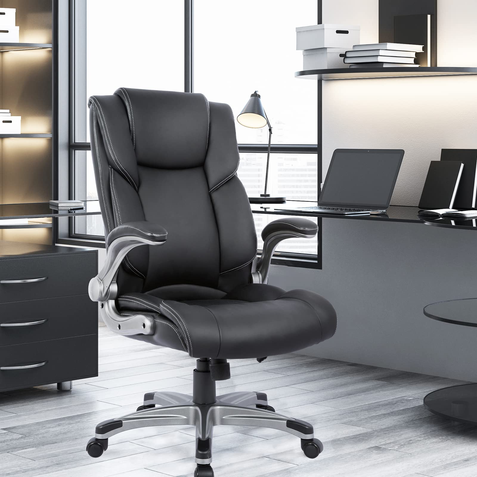 High Back Executive Office Chair, Ergonomic Swivel Desk Chair with Flip-Up Arms & Tilt Lock, Black Leather