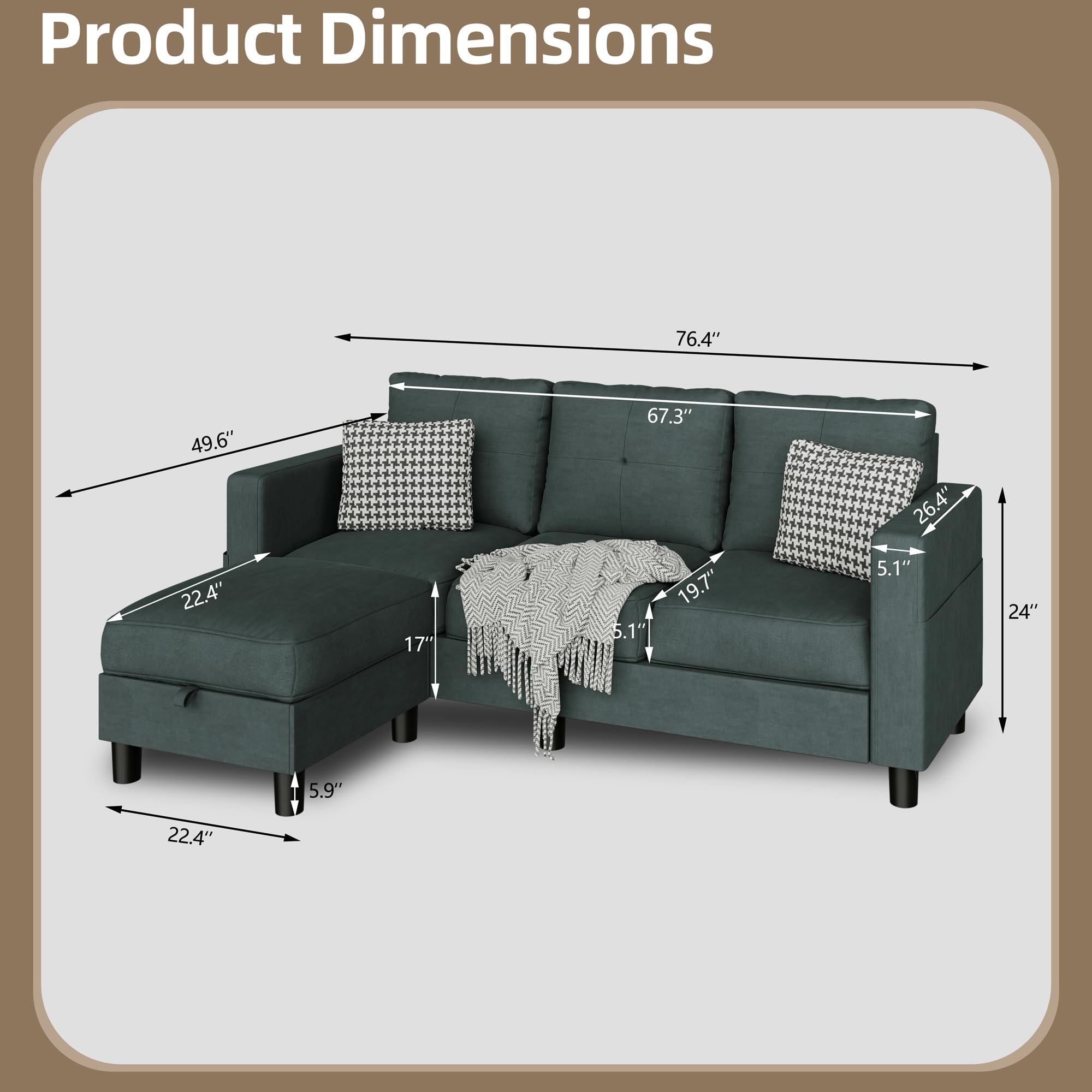 L-Shaped Convertible Sectional Sofa with Ottoman, Green 3-Seater Couch for Apartment, Office, Small Living Room