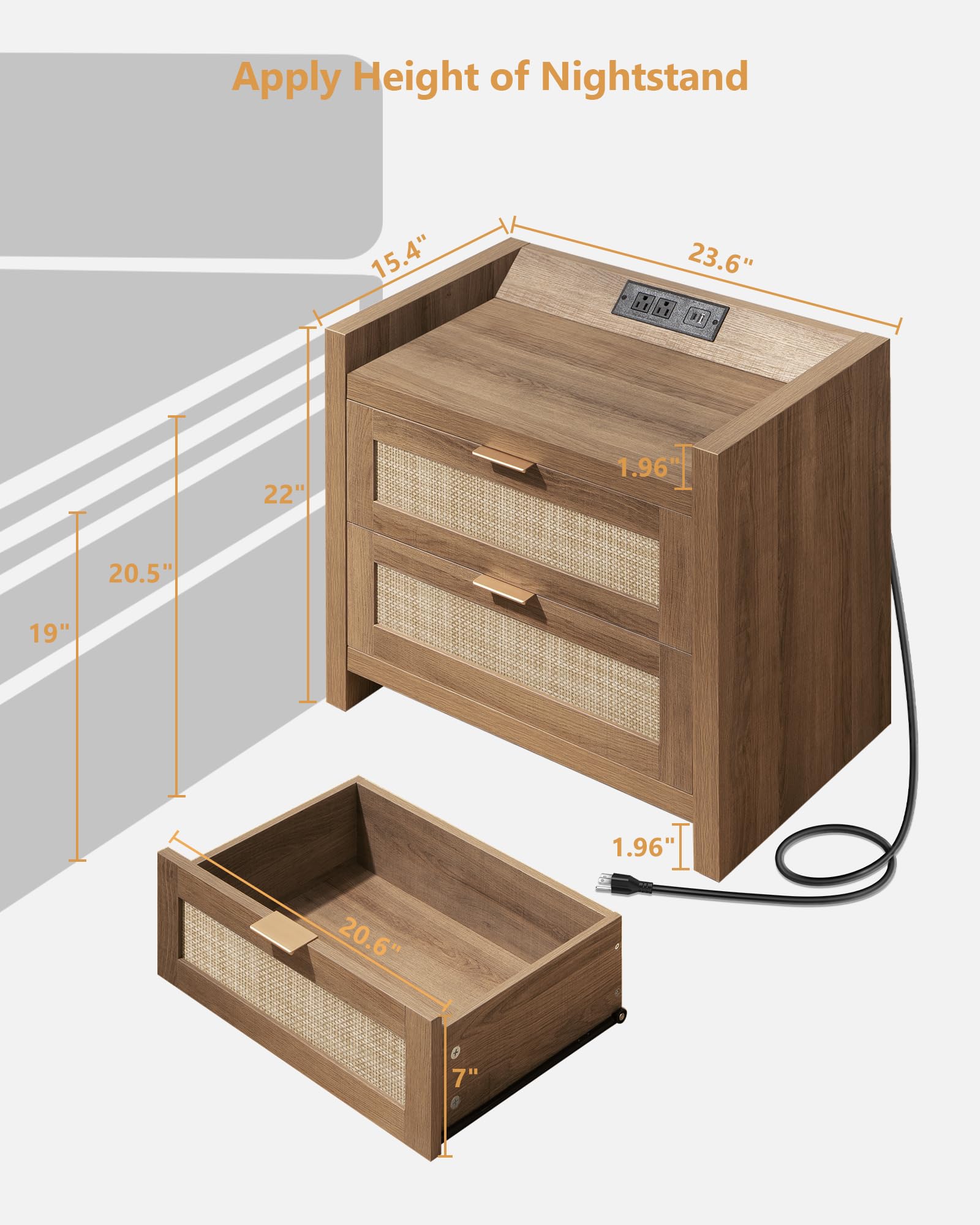 Natural Oak Rattan Nightstand Set of 2, Boho Bedside Tables with Type-C Charging Station & Storage