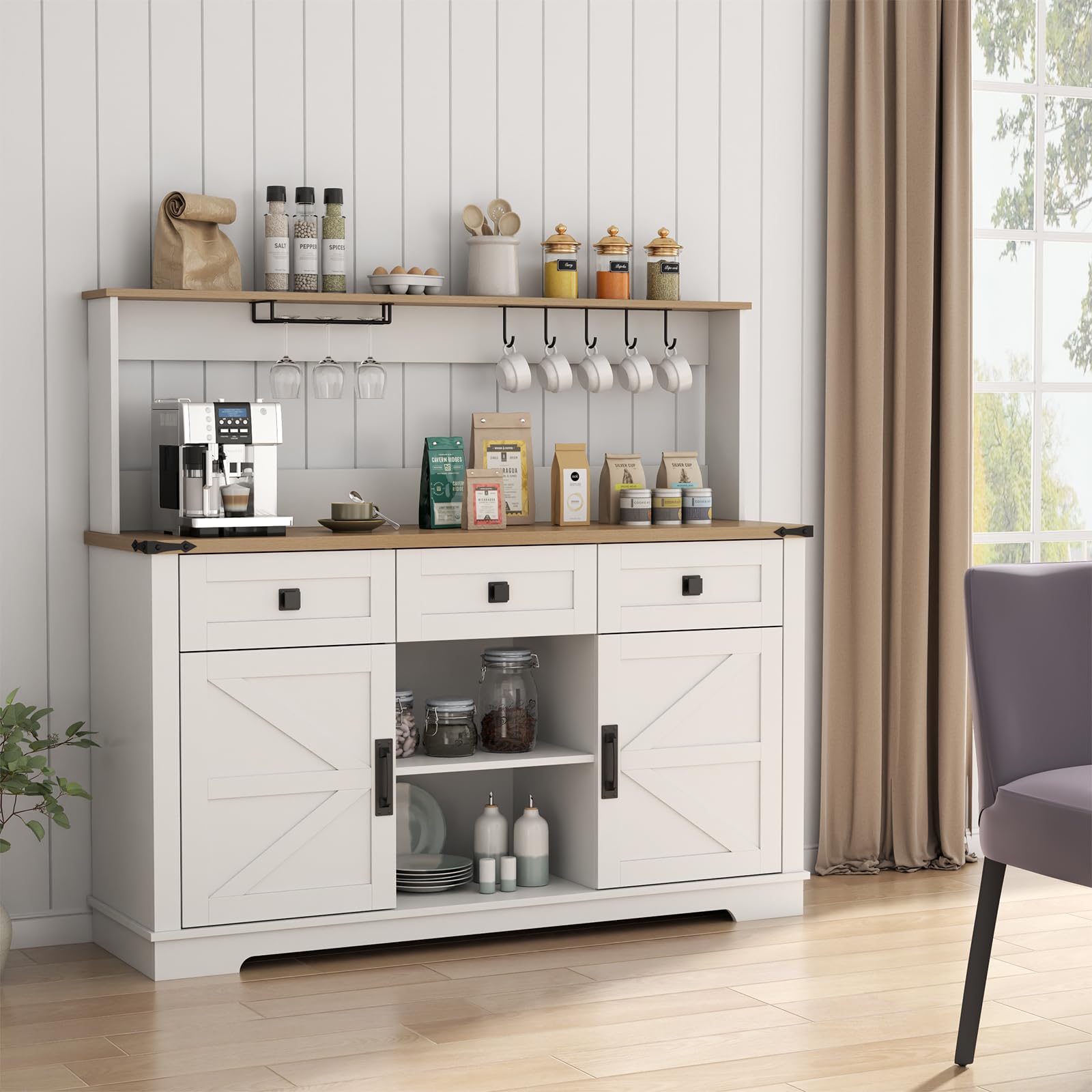 White Farmhouse Bar Cabinet with Hutch, Buffet Storage Unit with 3 Drawers, Goblet Holder, Cup Hooks for Dining Room