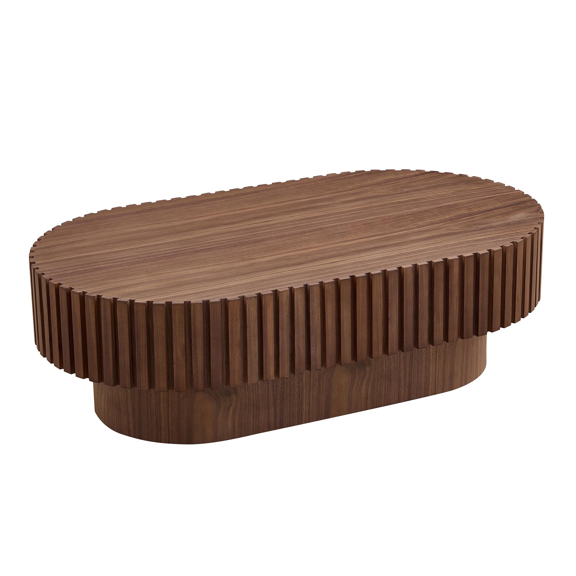 FURNIXI Oval Coffee Table for Living Room, 43.7" Fluted Pedestal Centre Table, Handcrafted Modern Tea Table in Walnut Finish