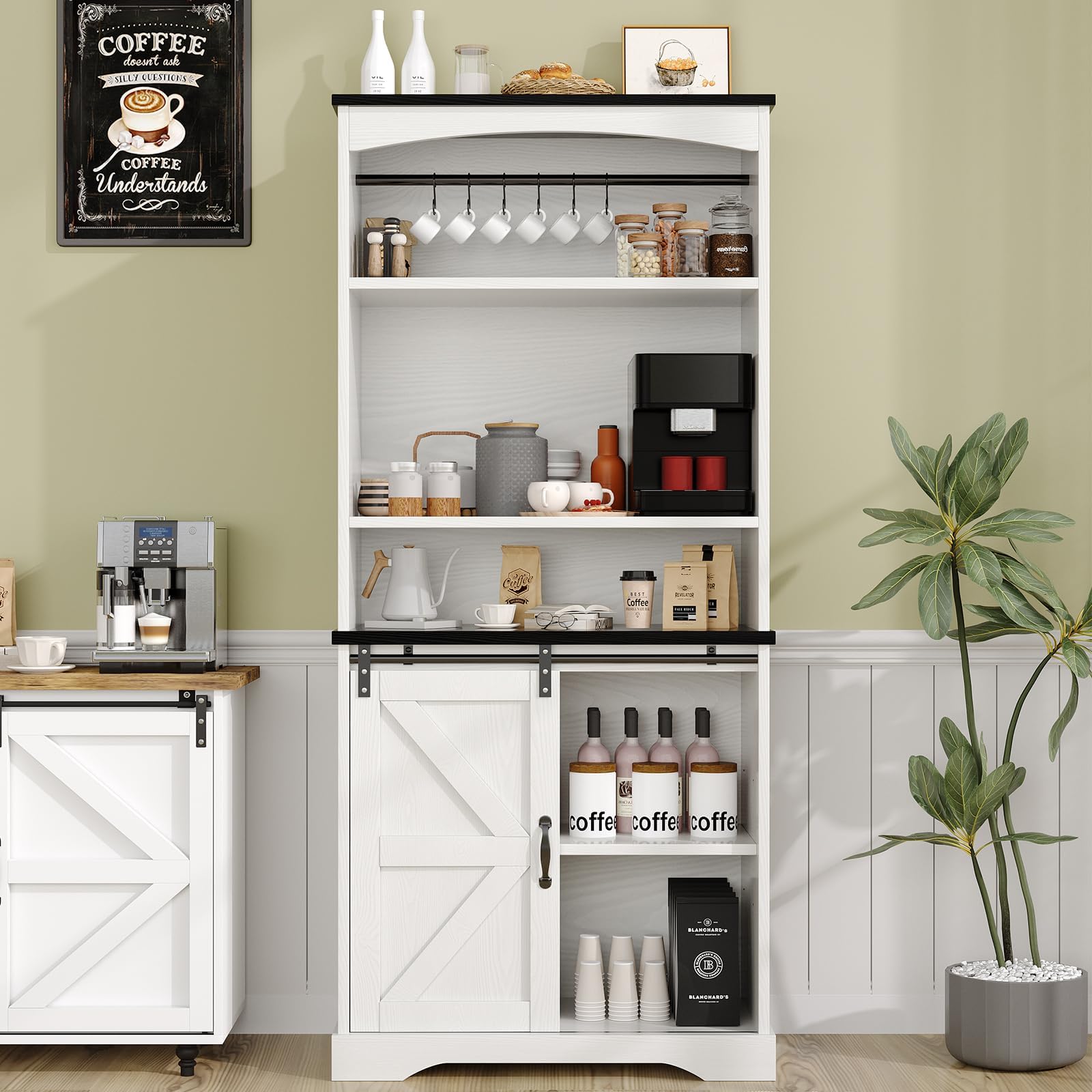 Farmhouse Coffee Bar Cabinet with Hutch, 70" White Buffet Cabinet with 3 Tier Shelves & Sliding Barn Door for Dining Room