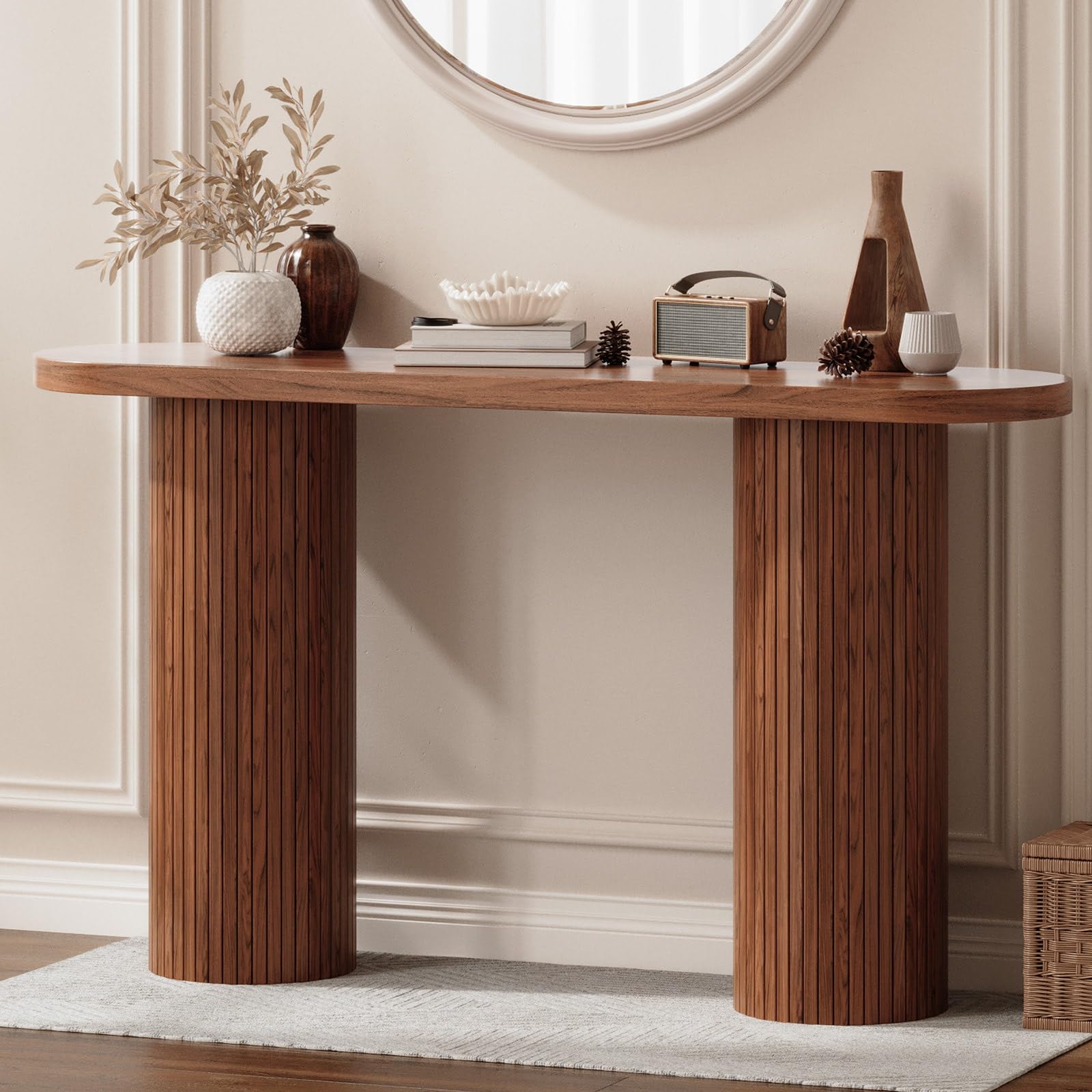 55" Fluted Console Table, Modern Wood Entryway Table for Behind Sofa or Hallway, Farmhouse Style, Walnut Finish