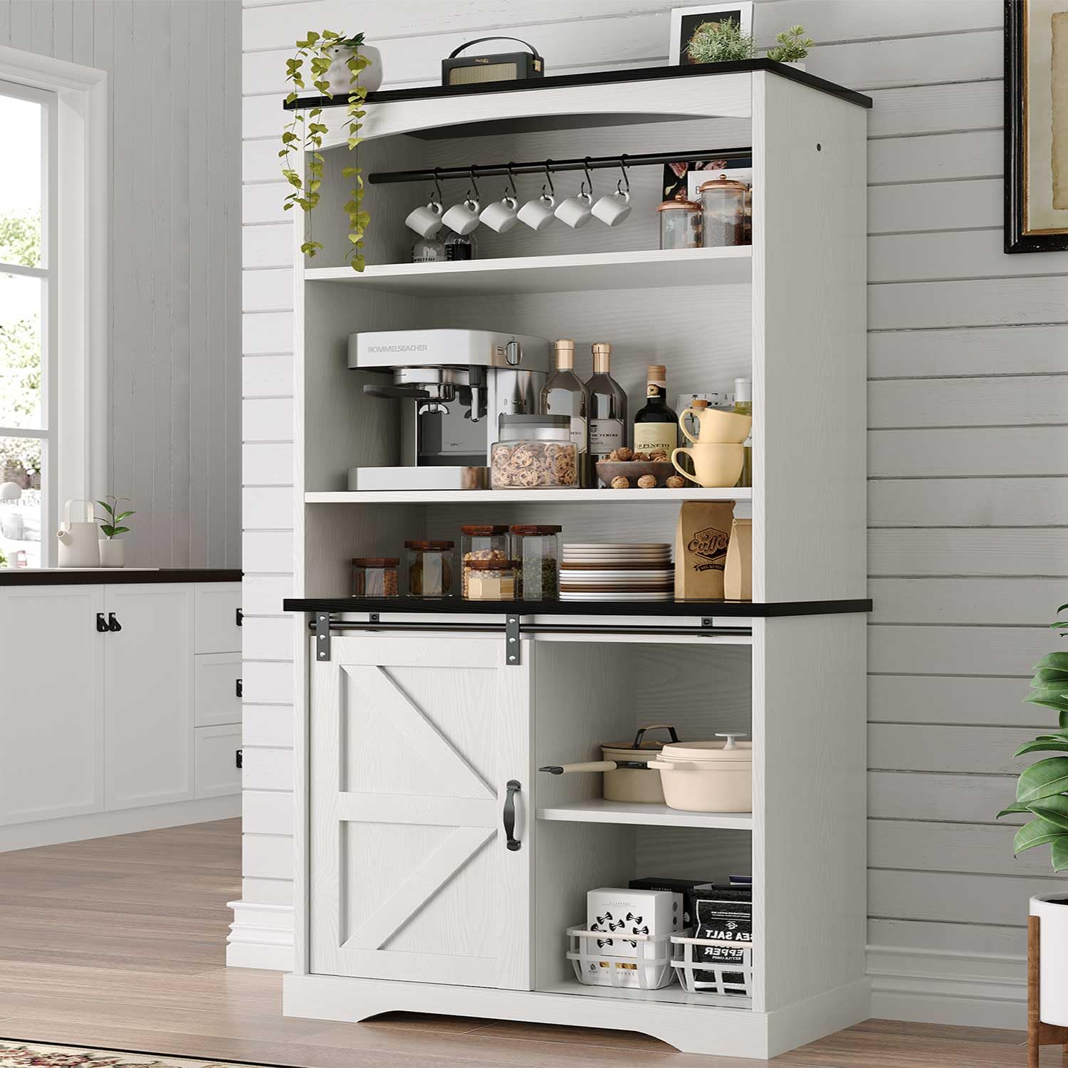 Farmhouse Coffee Bar Cabinet with Hutch, 70" White Buffet Cabinet with 3 Tier Shelves & Sliding Barn Door for Dining Room