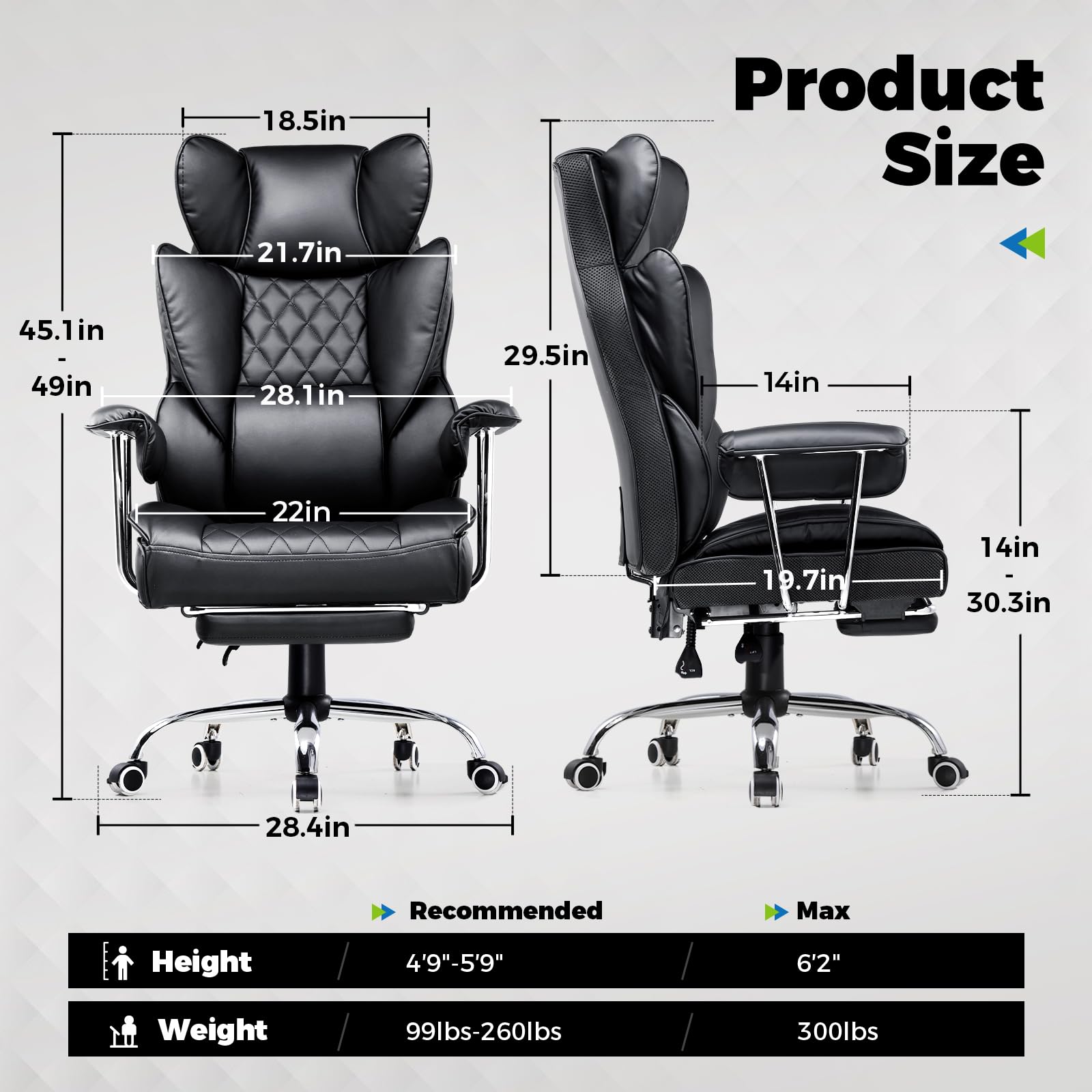 Big & Tall Gaming Office Chair, High Back Leather Chair with Footrest & Pocket Spring Lumbar, Soft Armrests