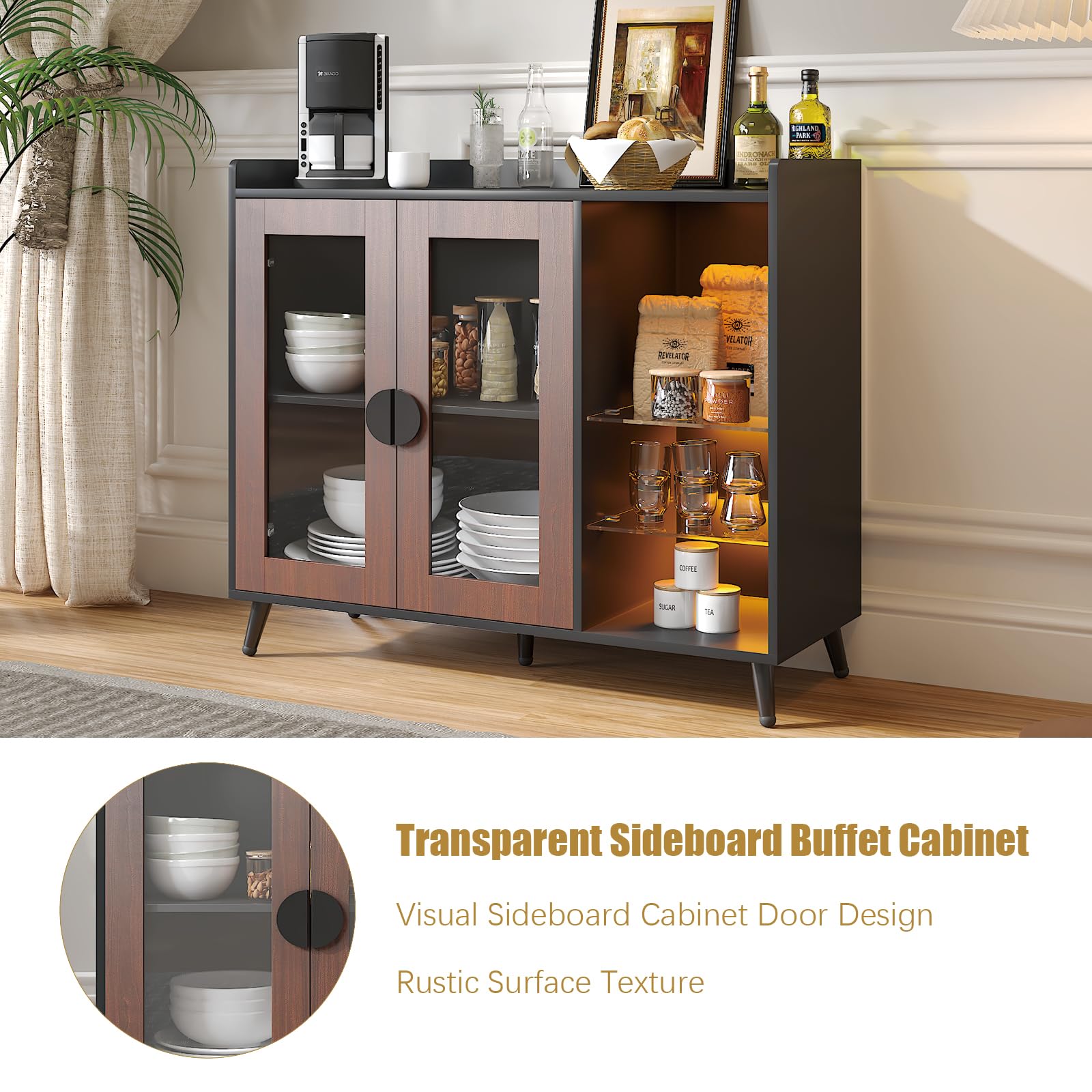 FURNIXI Sideboard Buffet Cabinet with Storage, Modern LED Coffee Bar Console with Glass Shelves & Acrylic Doors, for Dining Room
