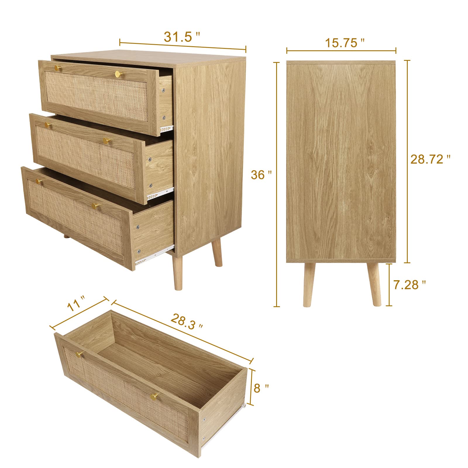 Modern Rattan 3-Drawer Dresser, Rustic Oak Wood Chest with Spacious Storage for Bedroom, Hallway, H0027