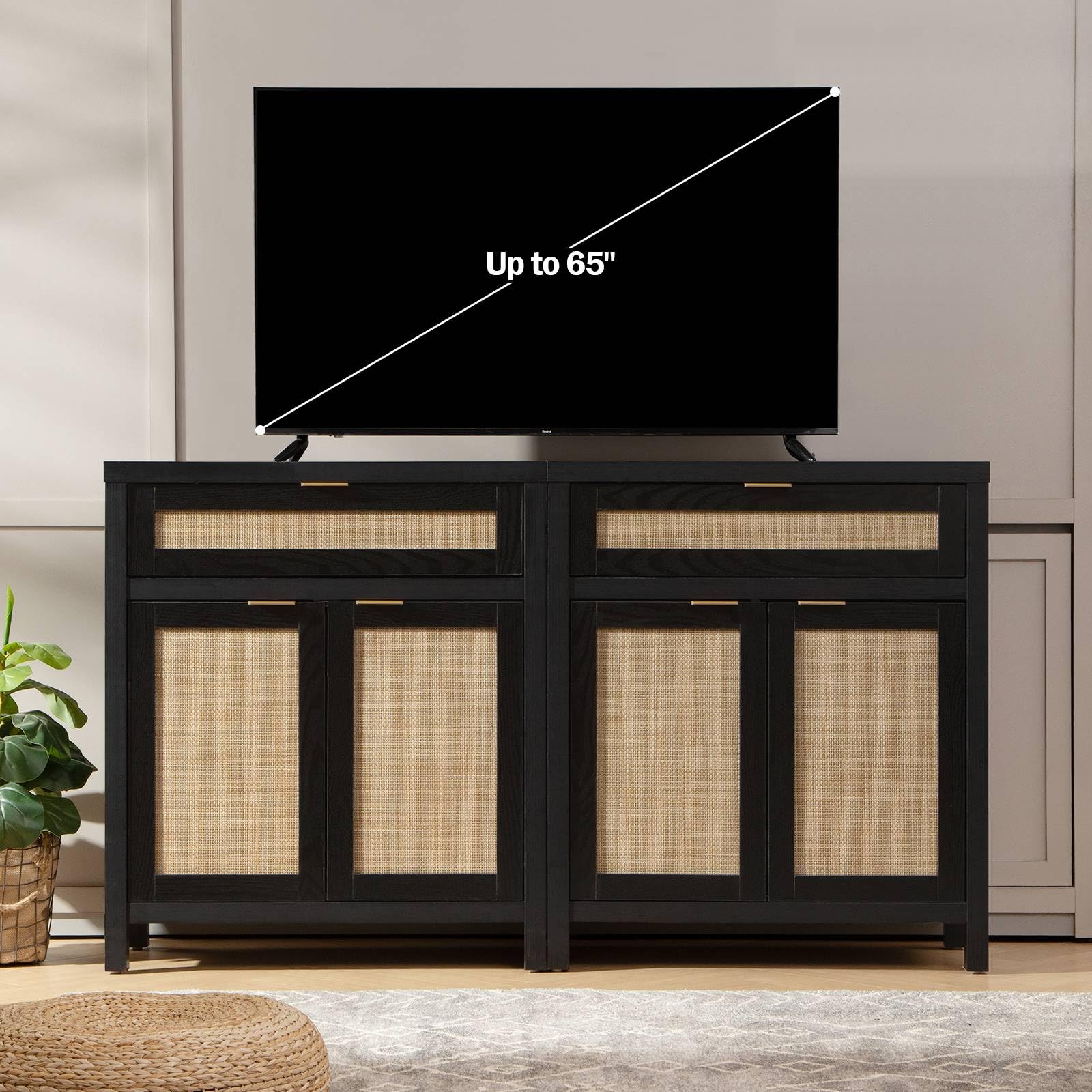 FURNIXI Sideboard Buffet Storage Cabinet Set of 2, Black Rattan Credenza Console with Drawer & Doors, Coffee Bar for Entryway Kitchen