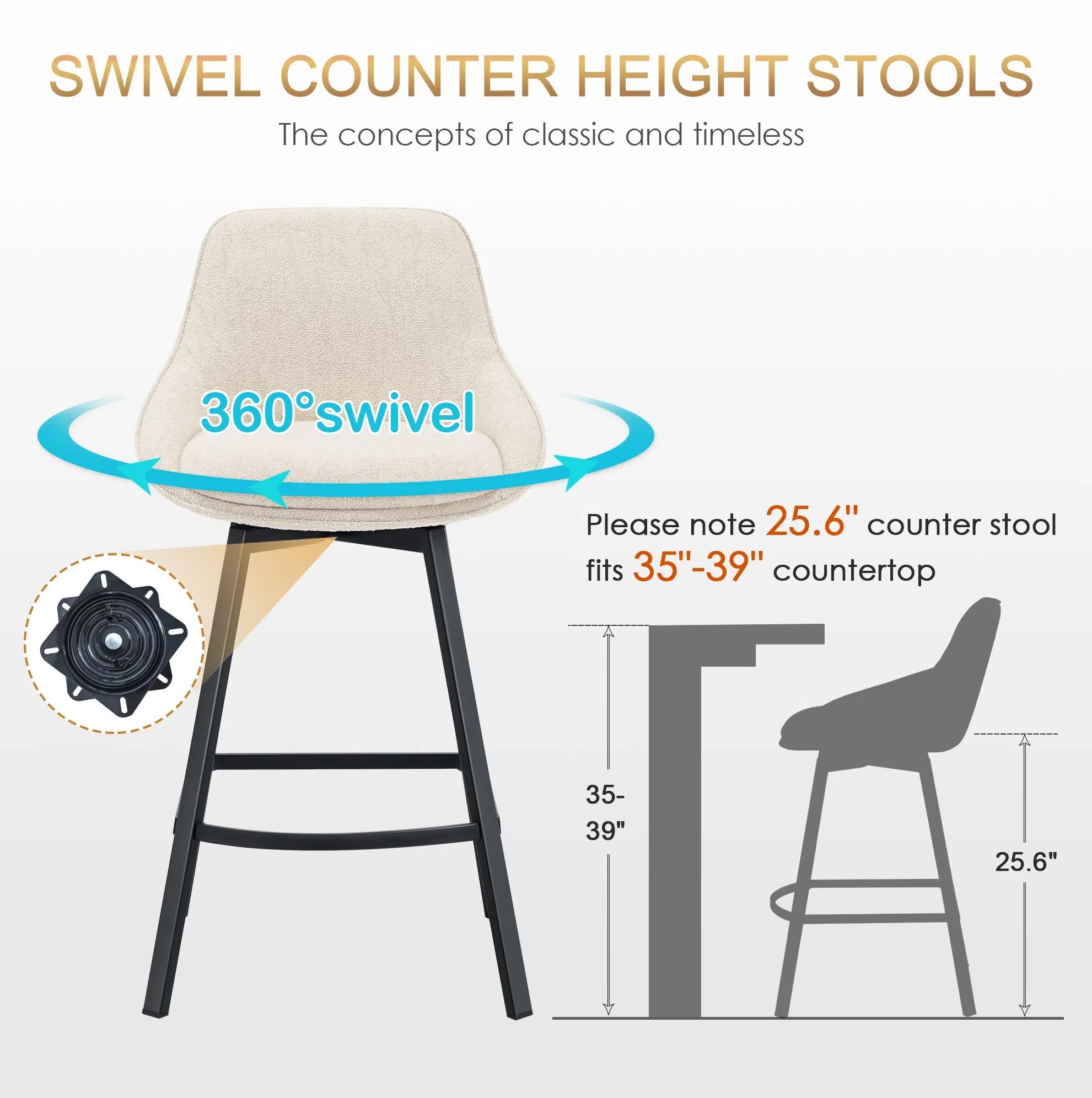 Swivel Bar Stools Set of 3, Modern 26'' Upholstered Counter Height Barstools with Backs and Metal Legs for Kitchen Island, Beige