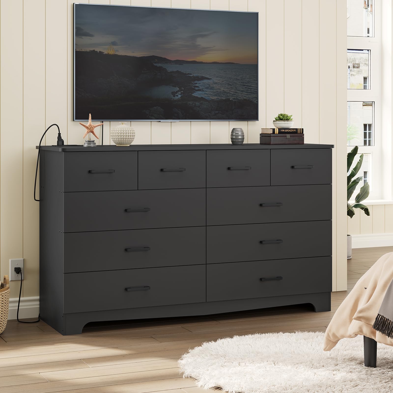 10-Drawer Black Dresser – Large Bedroom Storage Organizer with Power Outlets, Can Be Used as TV Stand, 55.1" Wide