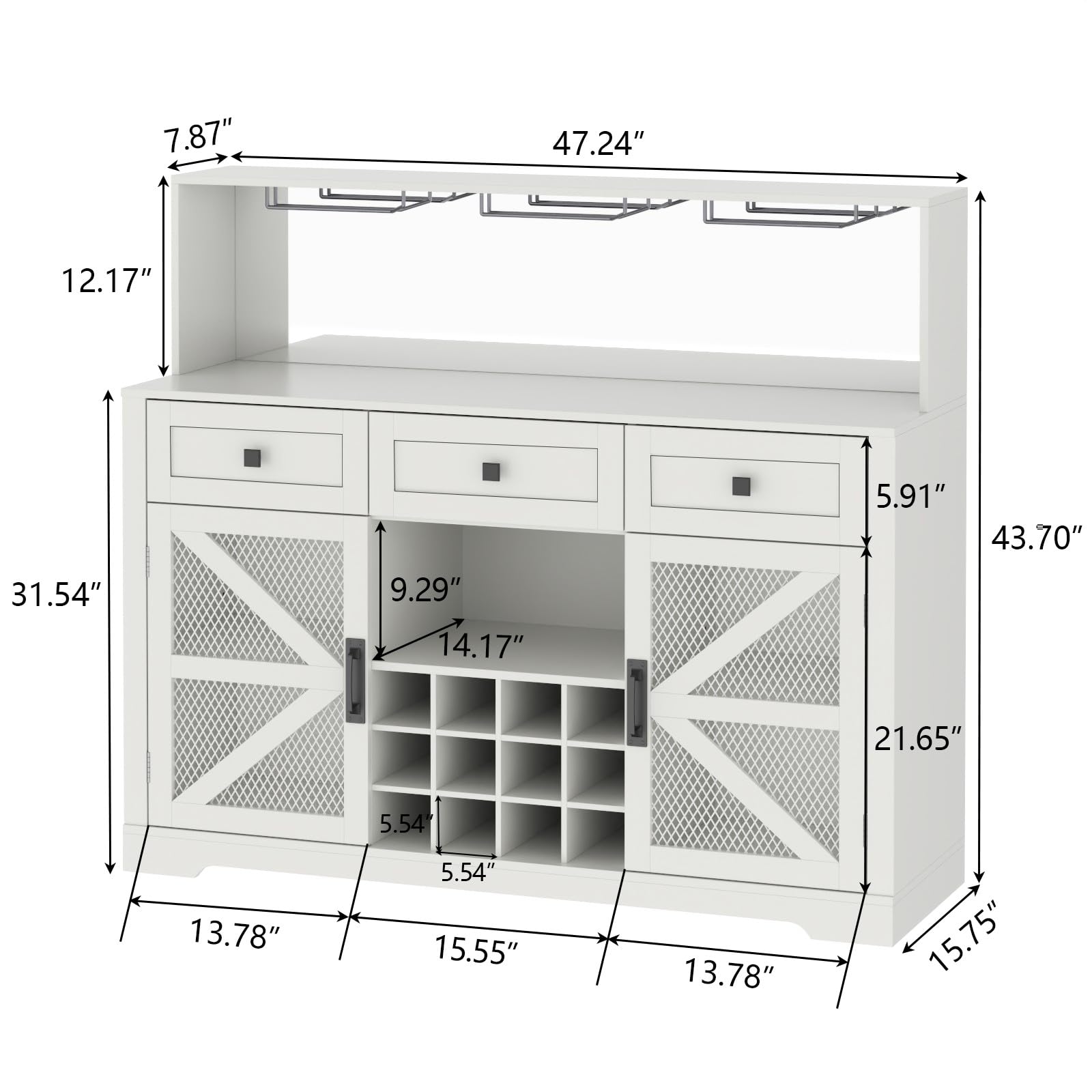White Wine Bar Cabinet with LED Light, Kitchen Buffet with 3 Drawers, Goblet Holder, Mirror & Adjustable Storage Shelf