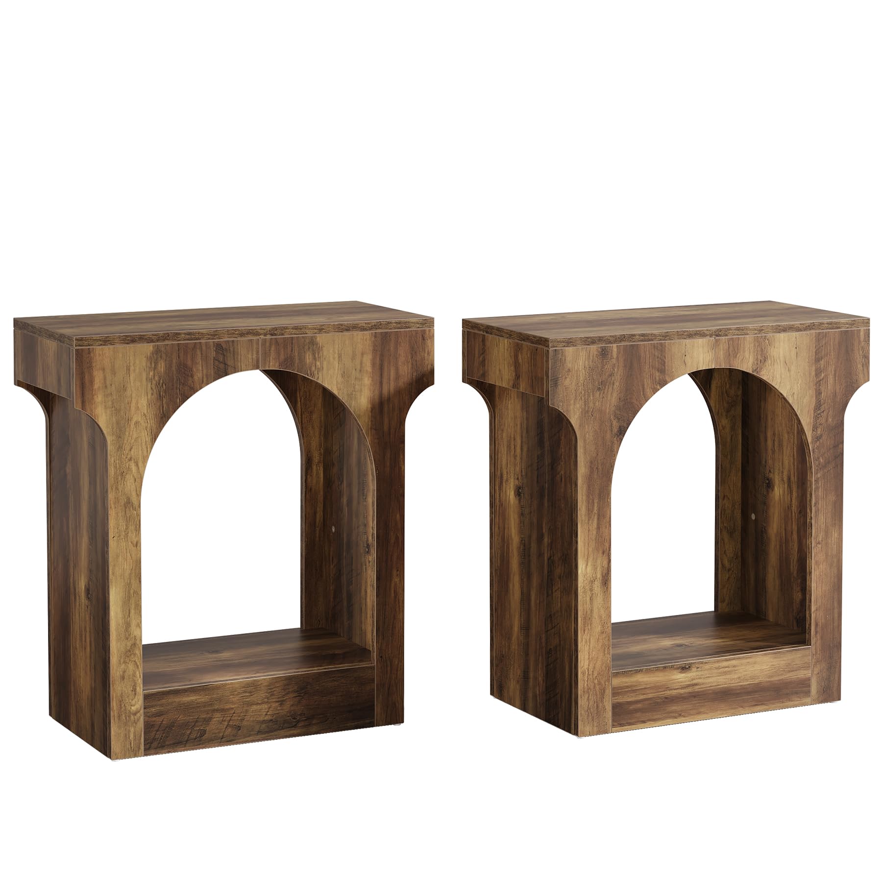 Rustic Brown Wood End Table Set of 2, Narrow Side Tables with Storage Space for Bedroom or Living Room