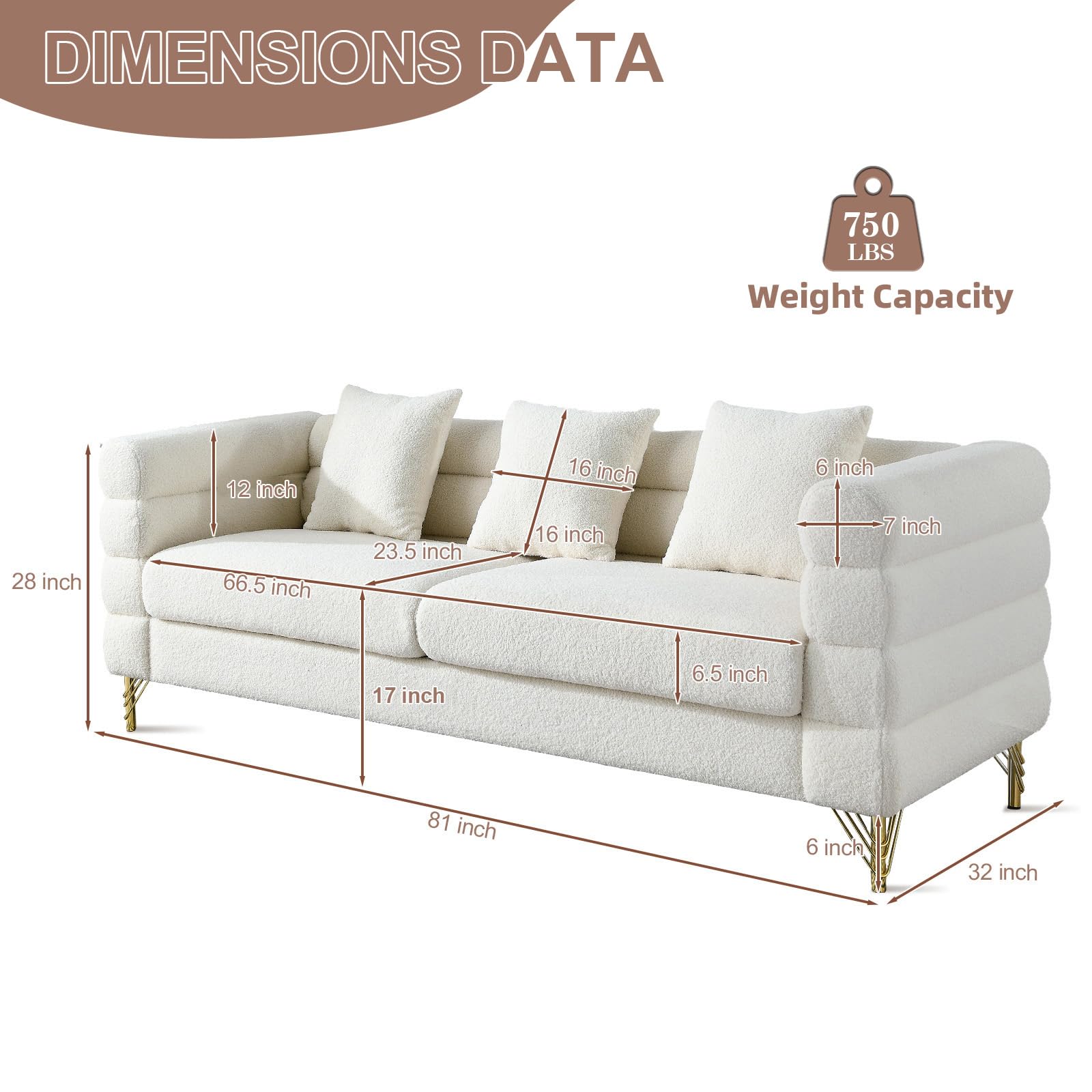 Modern Sofa Couch, 81" W Teddy Bouclé Oversized Loveseat Cloud Sofa, Upholstered 3-Seater Comfy Deep Seat Couch with Gold Legs & Pillows for Living Room, Bedroom, Office, Apartment(White)