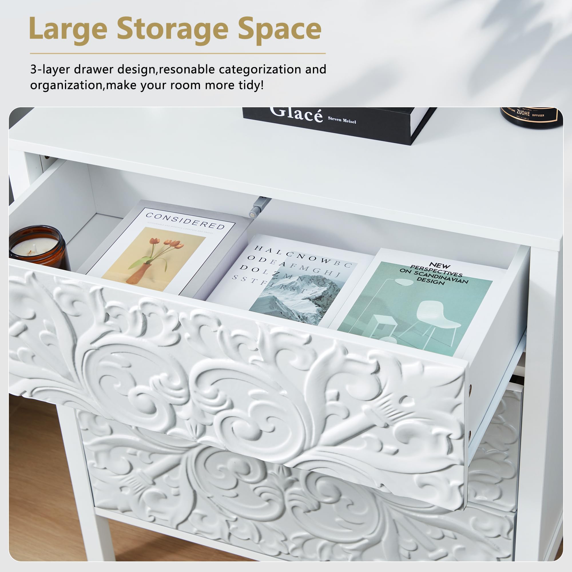 White 3-Drawer Wide Dresser, Carved Nightstand Cabinet with Storage for Bedroom, Hallway, Entryway, Office