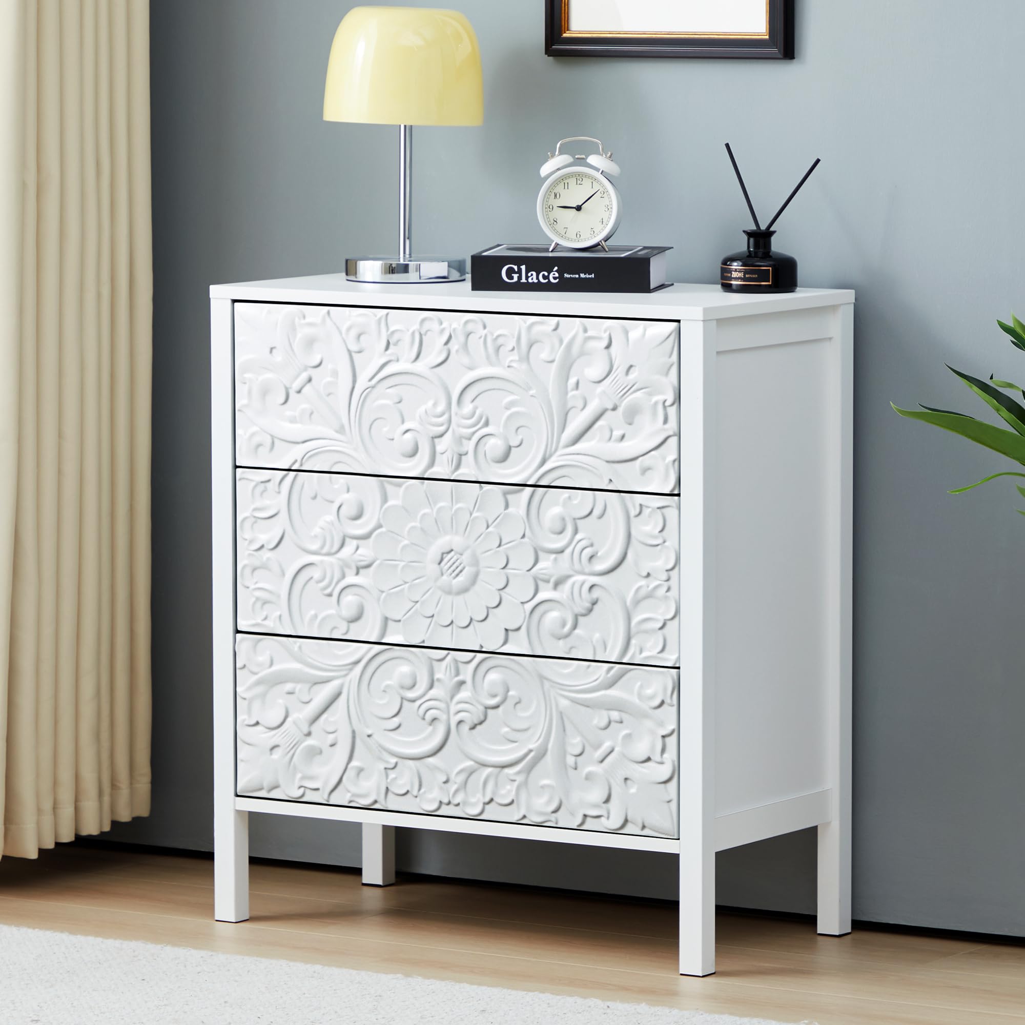White 3-Drawer Wide Dresser, Carved Nightstand Cabinet with Storage for Bedroom, Hallway, Entryway, Office