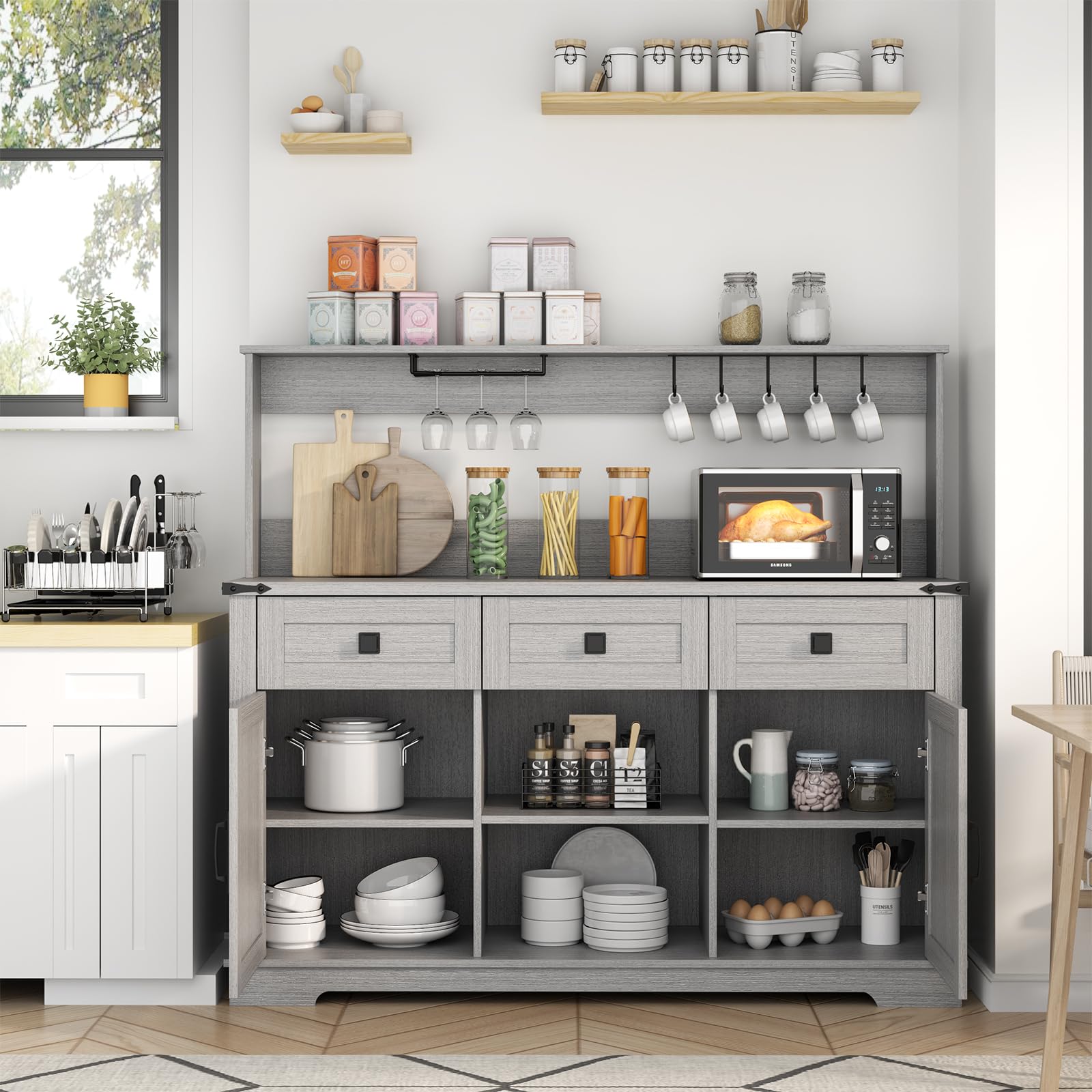 FURNIXI Grey Farmhouse Bar Cabinet with Hutch, Buffet Storage Unit with 3 Drawers, Cup Hooks, Goblet Holder for Kitchen Dining