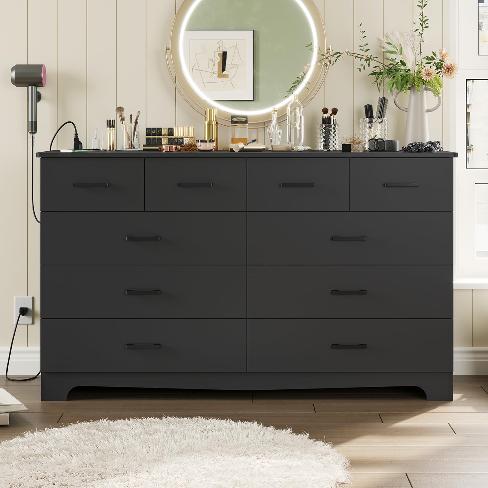 10-Drawer Black Dresser – Large Bedroom Storage Organizer with Power Outlets, Can Be Used as TV Stand, 55.1" Wide