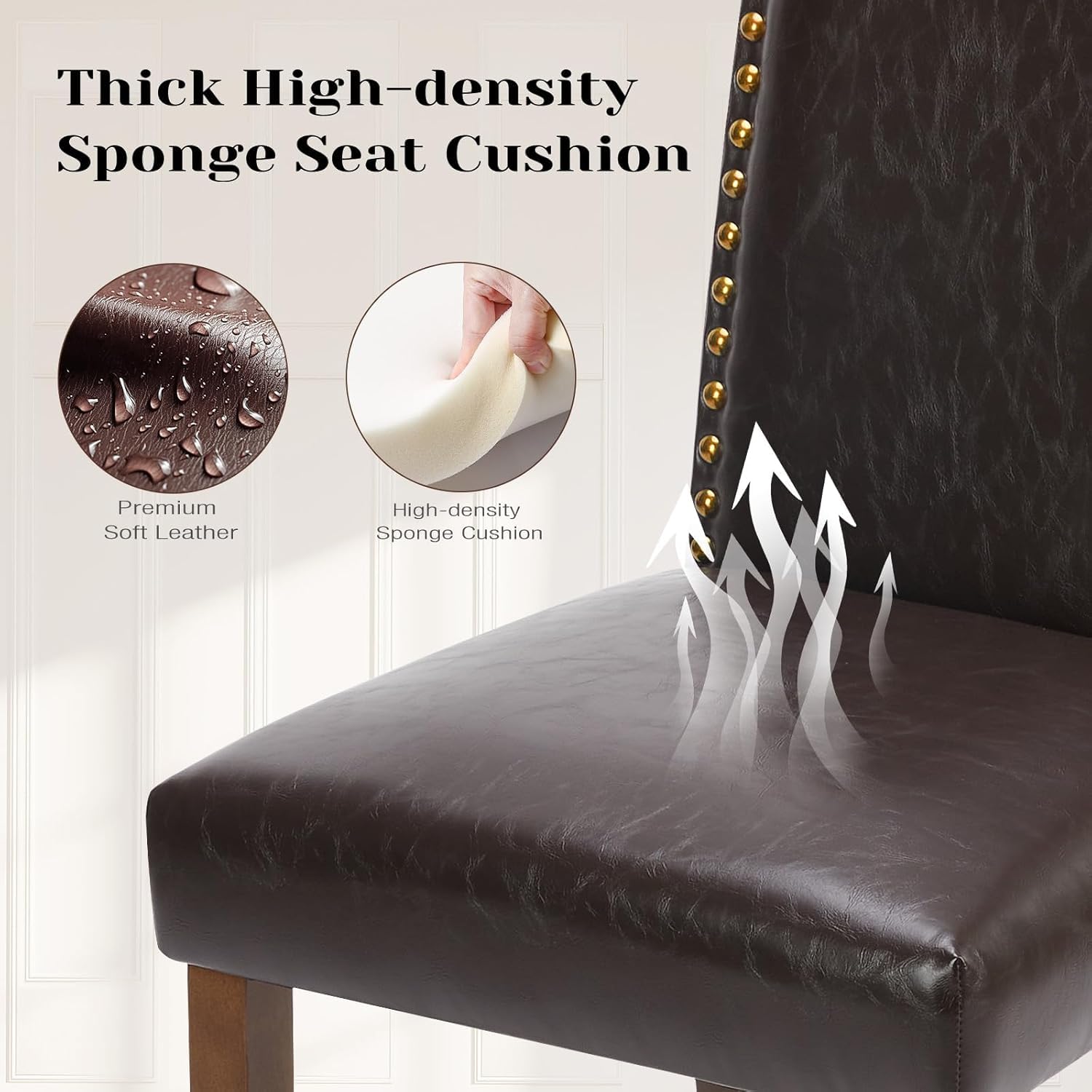 Set of 2 PU Leather Dining Chairs, Nailhead Trim, Mid-Century High-End Side Chairs with Wood Legs
