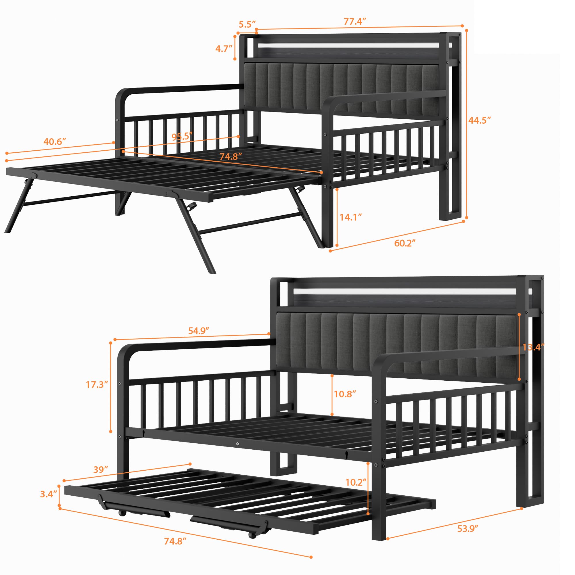 Pop-Up Trundle Daybed – Black Metal Full Frame with Storage Headboard, LED Lights & Charging Station for Guest Room
