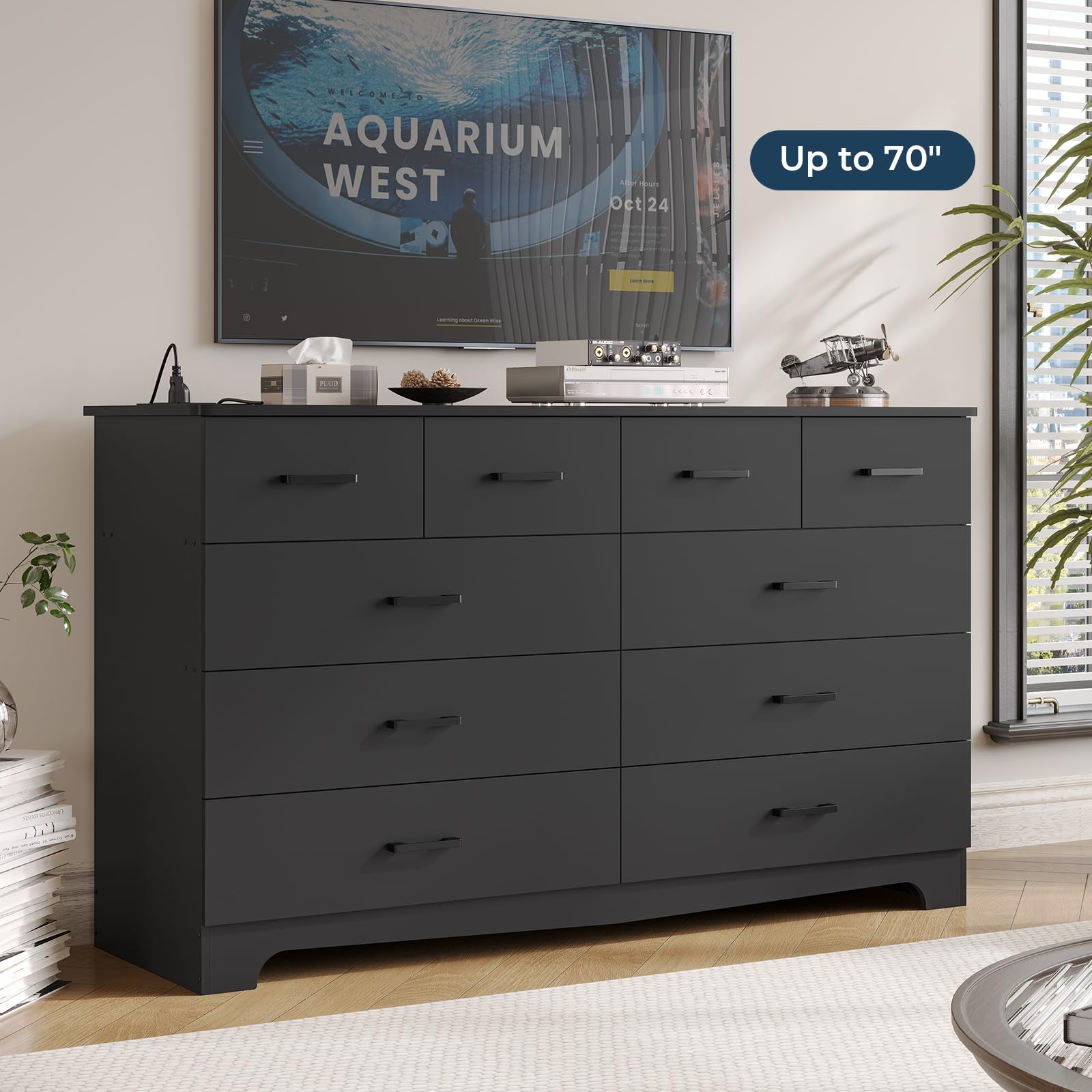 10-Drawer Black Dresser – Large Bedroom Storage Organizer with Power Outlets, Can Be Used as TV Stand, 55.1" Wide