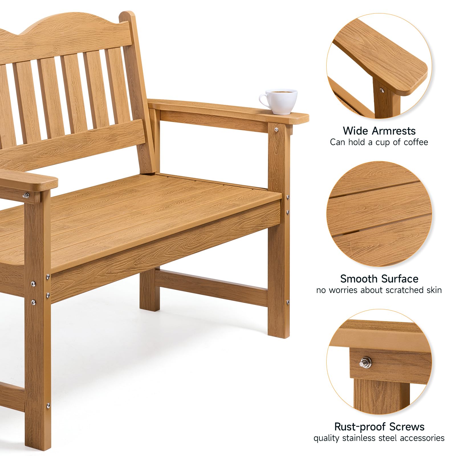 Teak Poly Lumber Outdoor Garden Bench, 2-Person All-Weather Patio Bench with Armrests and Backrest