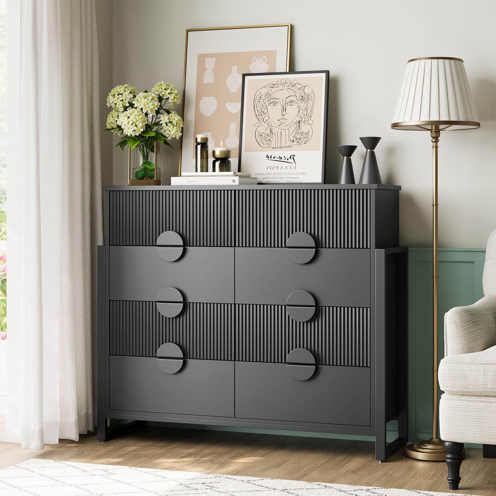 50" Fluted Black Dresser – Modern 8-Drawer Bedroom Chest with Curved Profile, Round Handles & Raised H-Legs