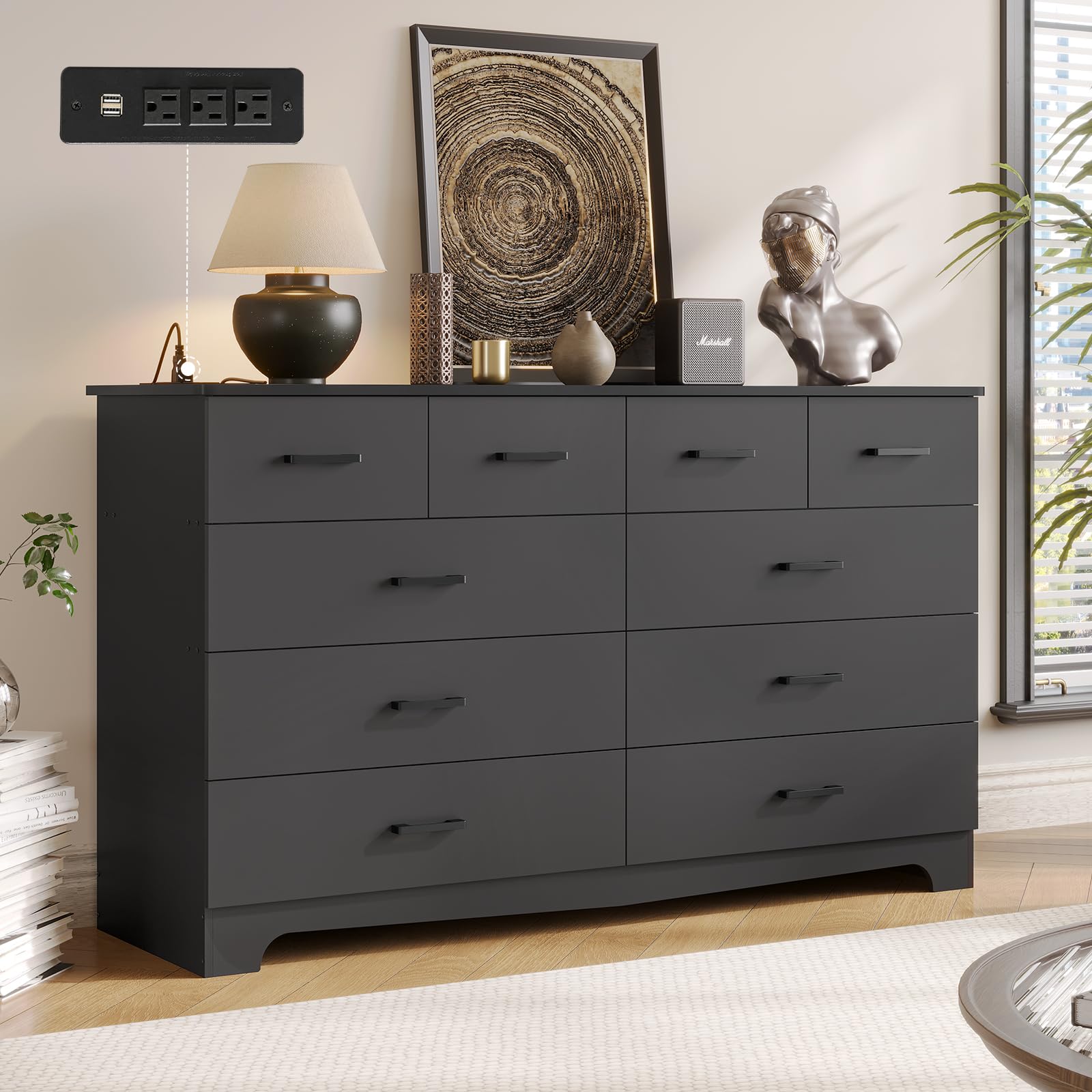 10-Drawer Black Dresser – Large Bedroom Storage Organizer with Power Outlets, Can Be Used as TV Stand, 55.1" Wide