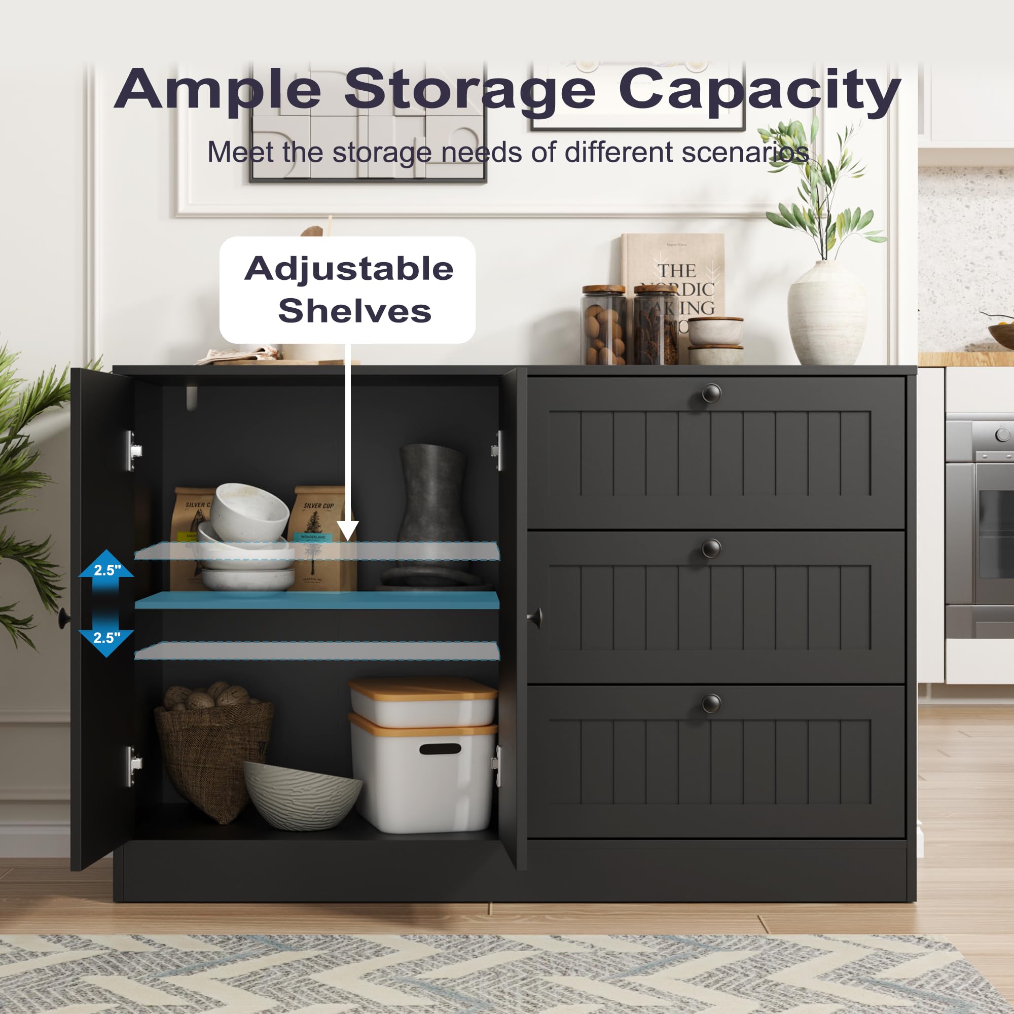Sideboard Buffet Cabinet with Storage, 47" Black Farmhouse Kitchen Cabinet with 3 Drawers, Coffee Bar for Living Room