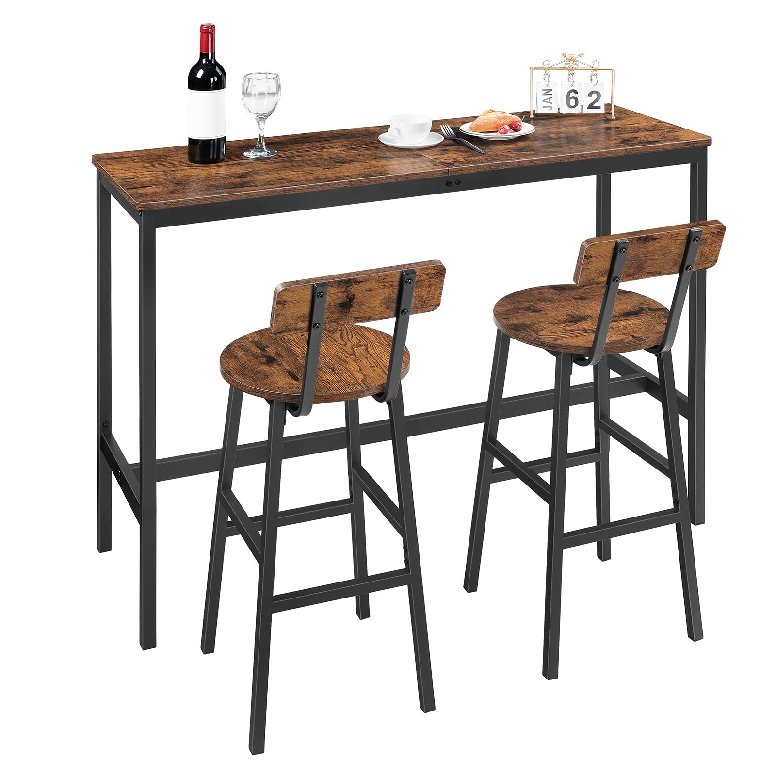 Bar Stools Set of 2, 24.4" Round Bar Chairs with Backrest & Footrest, Adjustable Feet, Rustic Brown for Kitchen, Living Room, Pub