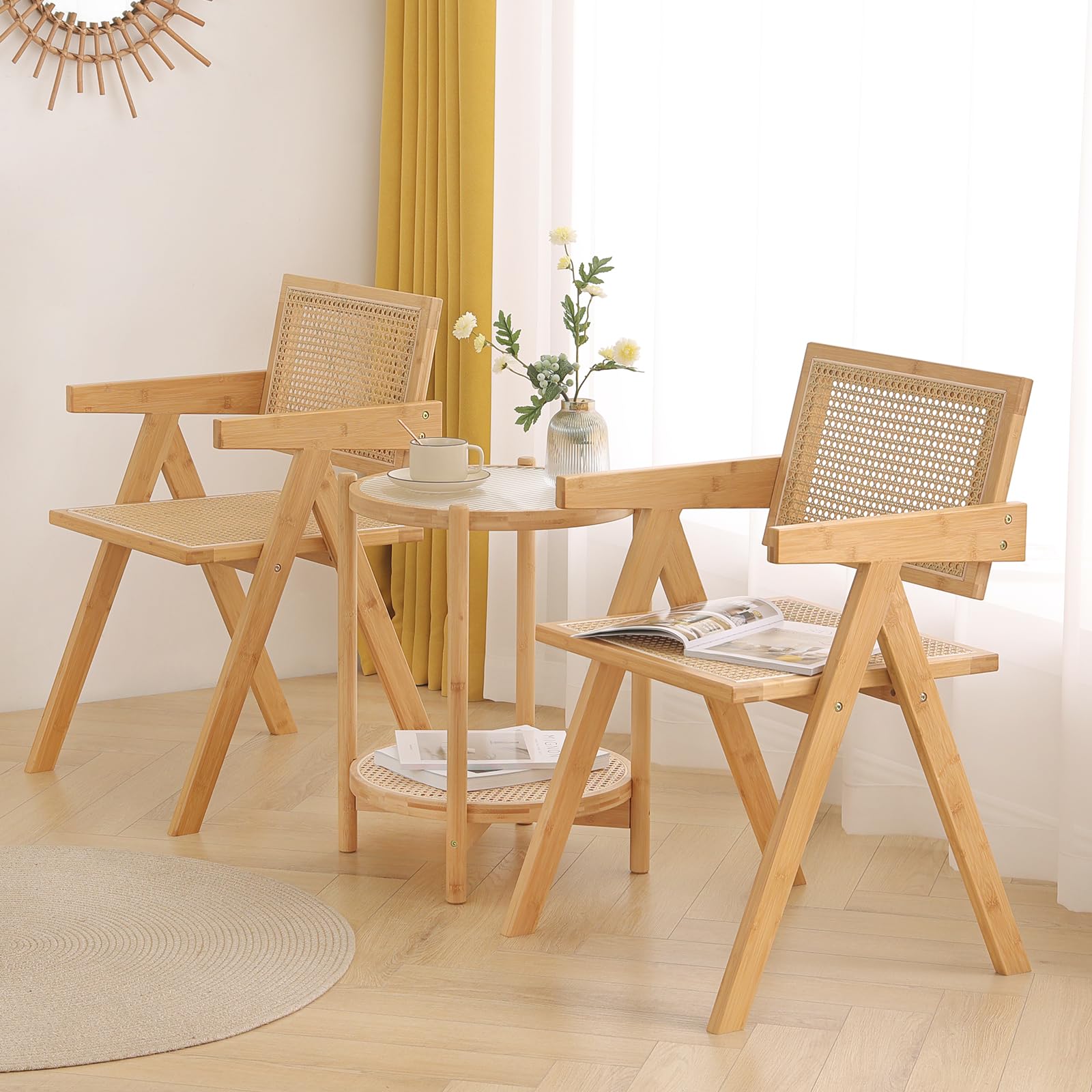 Set of 2 Modern Rattan Armchairs, Mid-Century Accent Chairs for Dining, Bedroom or Reading Room