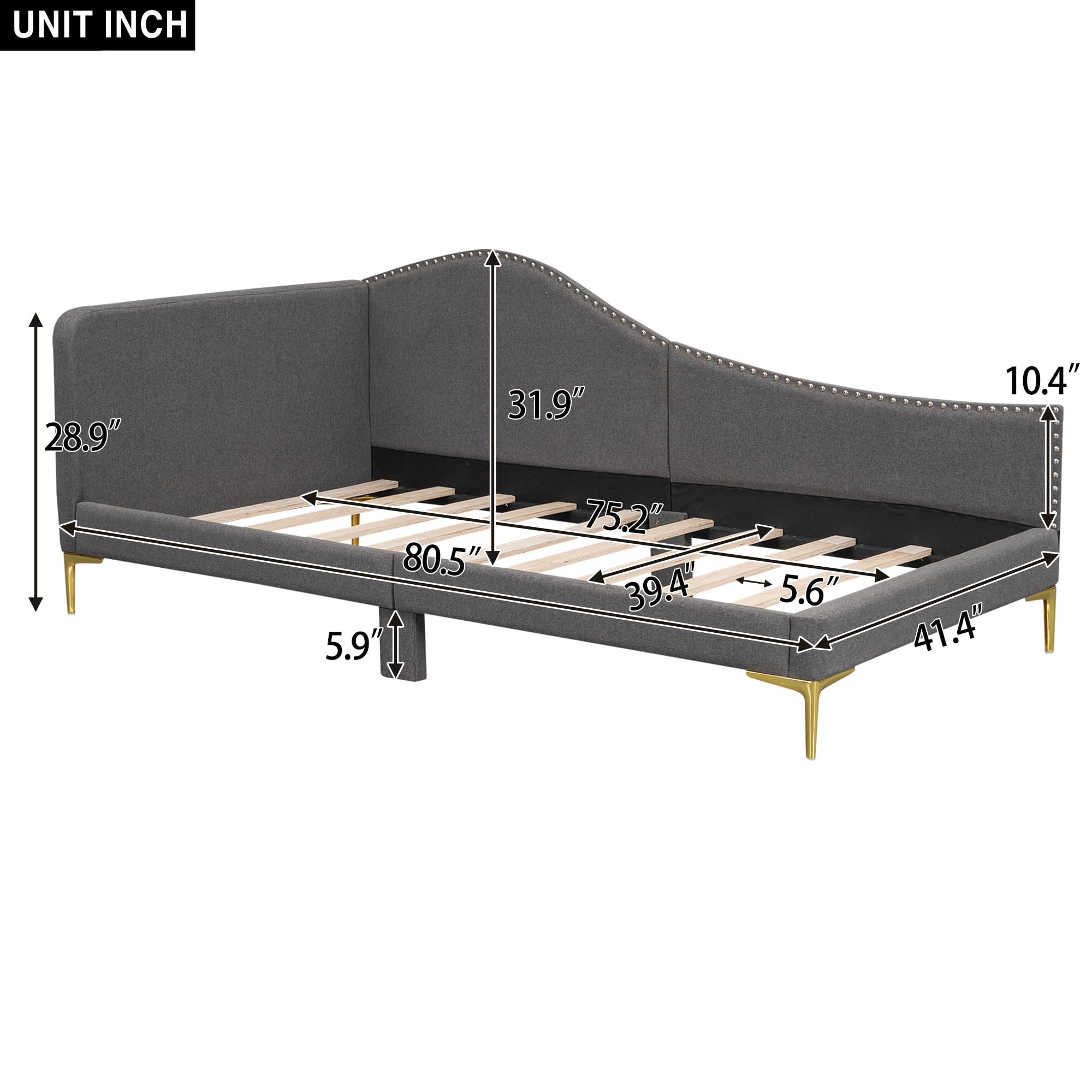 Twin Upholstered Daybed – Grey Bed Frame with Armrest & Headboard, Strong Support, No Box Spring Needed