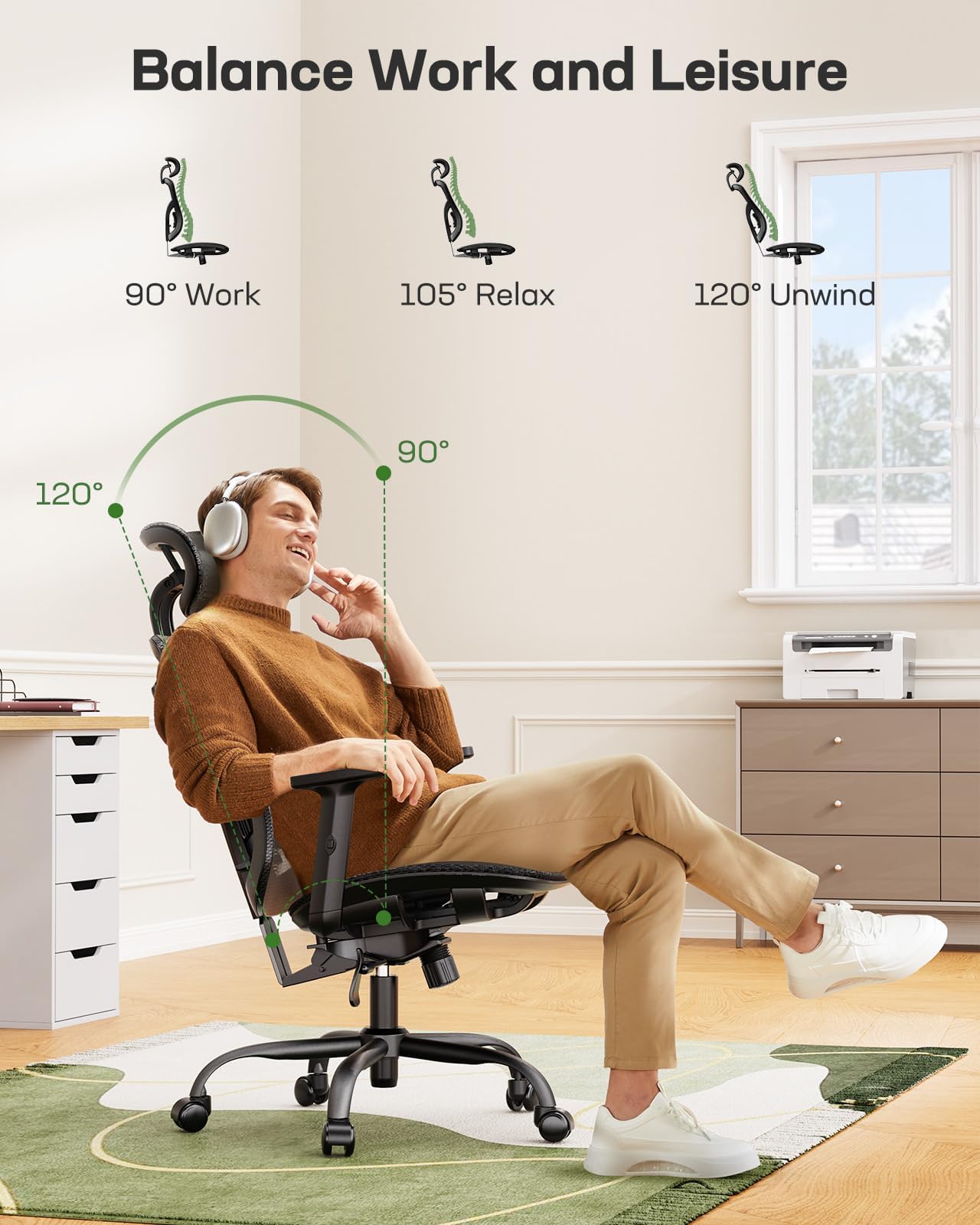 Ergonomic Mesh Desk Chair with Adjustable Lumbar Support, 2D Headrest & Armrests, Home Office Chair, Black