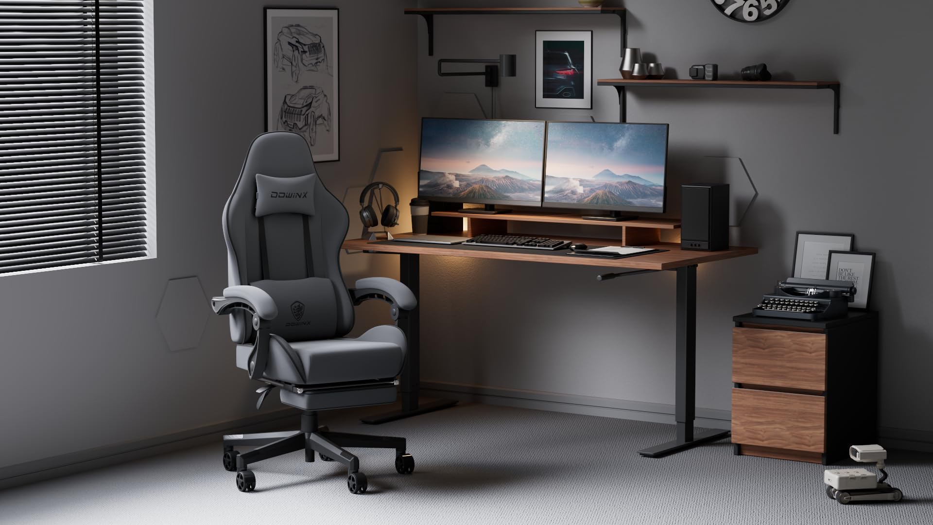Gaming Chair with Pocket Spring Cushion, Massage & Footrest, Fabric Ergonomic Desk Chair, Black and Grey