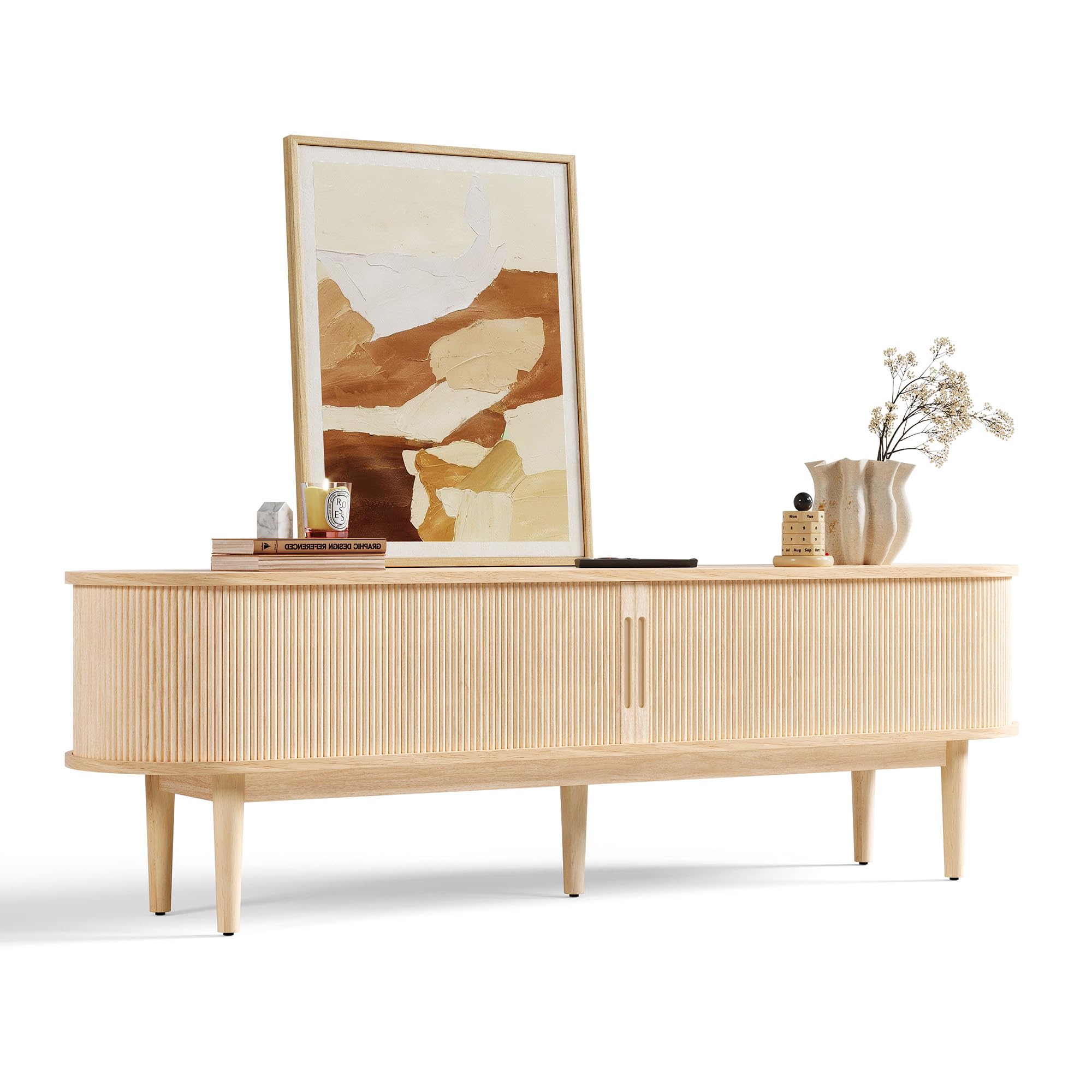 Fluted 70" TV Stand – Mid-Century Modern Entertainment Console with Sliding Tambour Door, Oak Finish