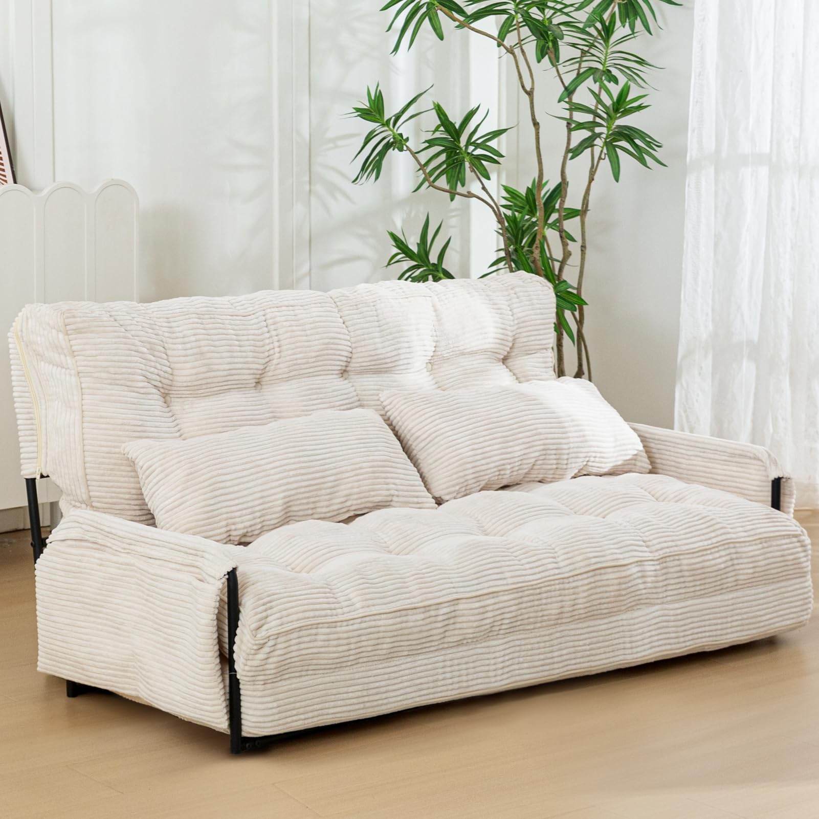 Adjustable Floor Sofa Bed with 2 Pillows, 5-Position Foldable Bean Bag Couch, Sleeper for Gaming, Reading, Beige