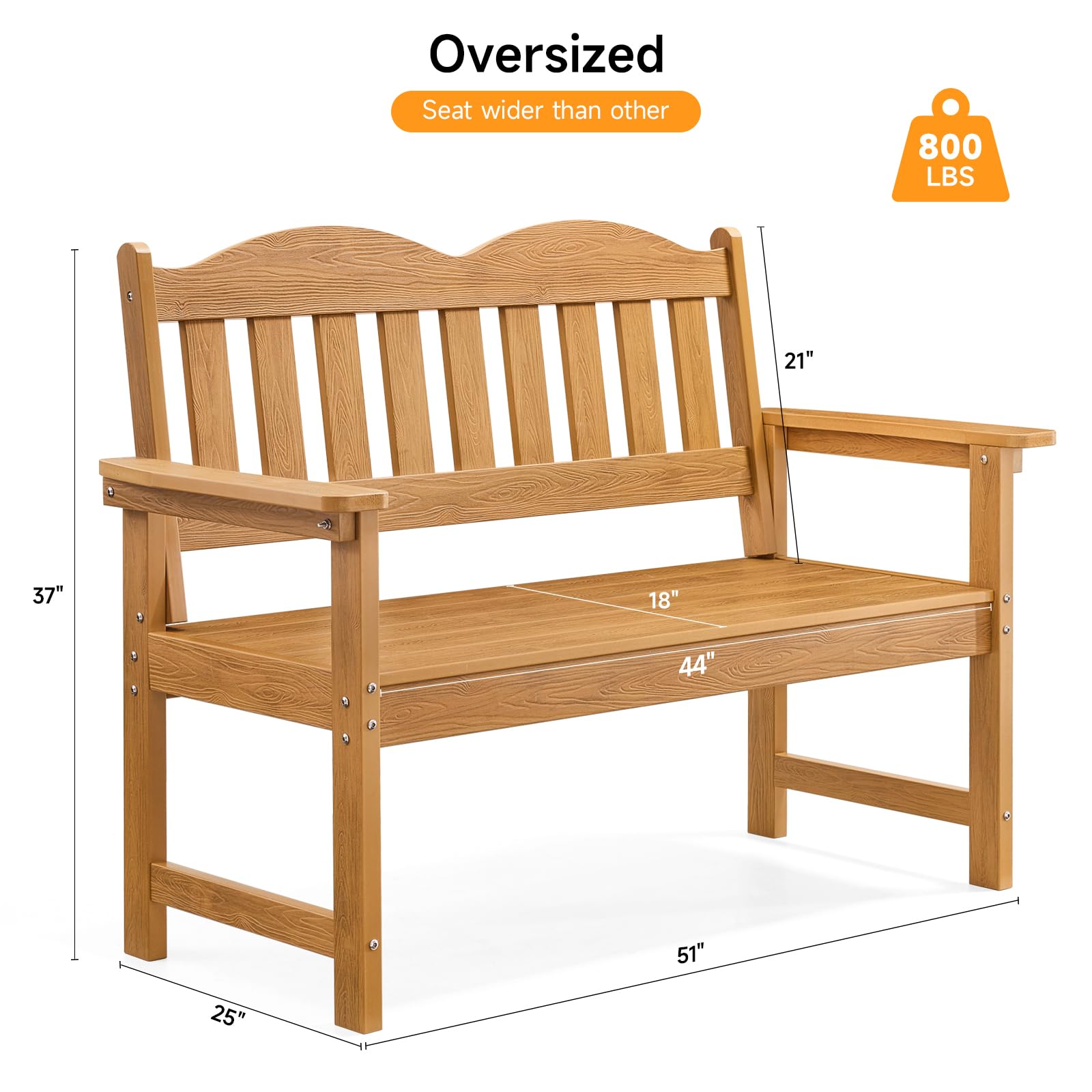 Teak Poly Lumber Outdoor Garden Bench, 2-Person All-Weather Patio Bench with Armrests and Backrest