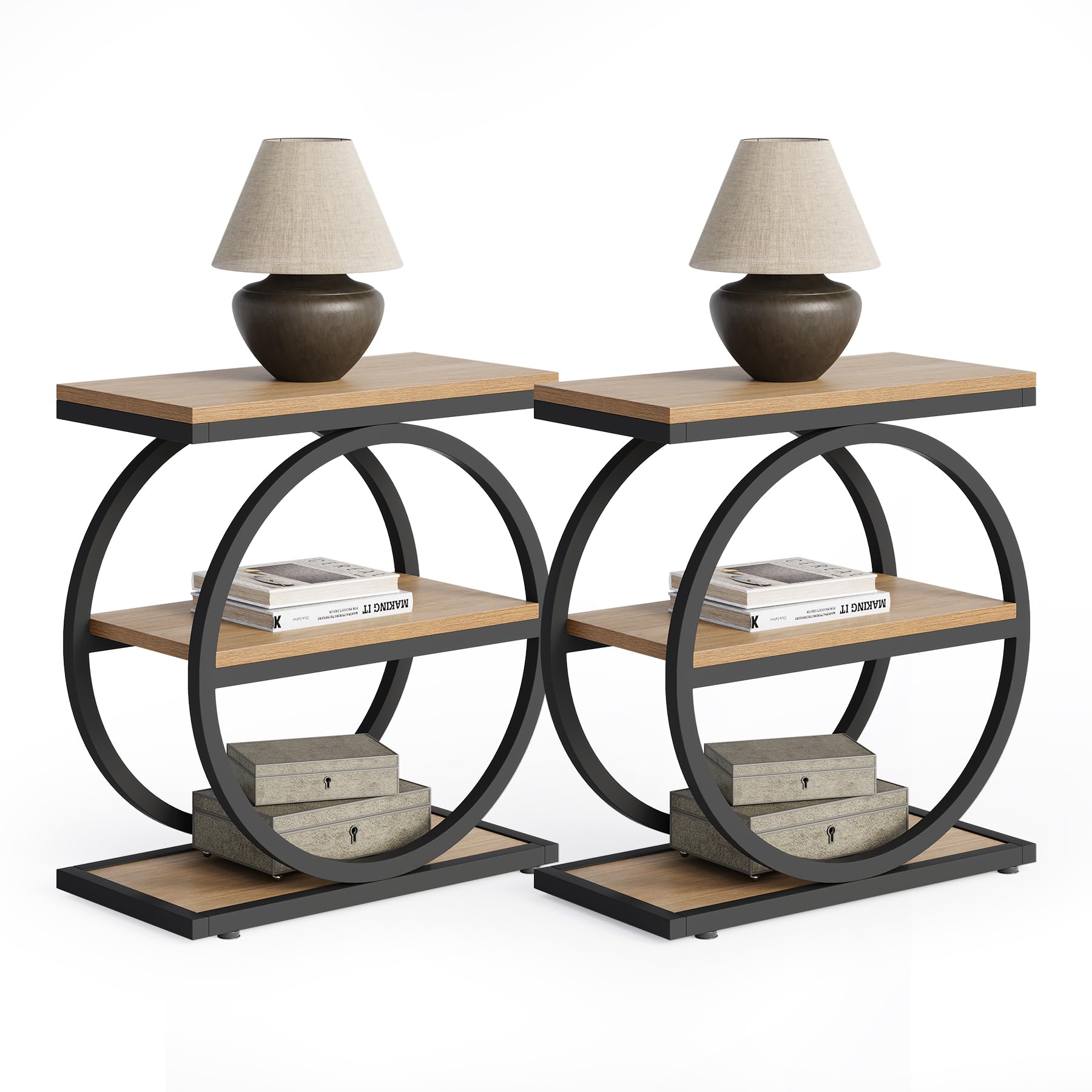 End Table Set of 2, Wooden Side Tables with 3-Tier Metal Shelf Storage for Living Room or Bedroom, Oak