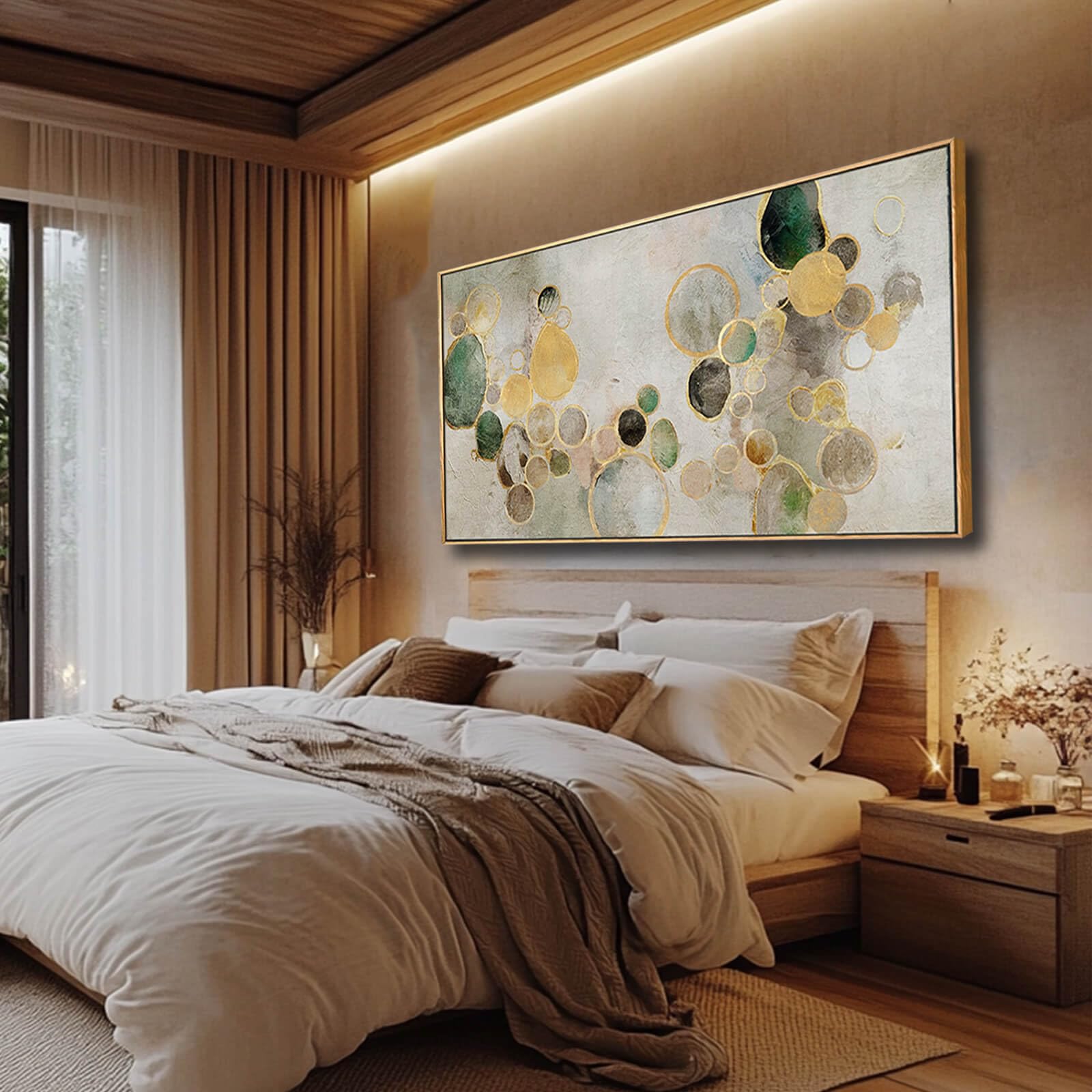 Large Abstract Wall Art – 29"x58" Gold Circle & Green Canvas Print for Living Room, Office or Bedroom Walls