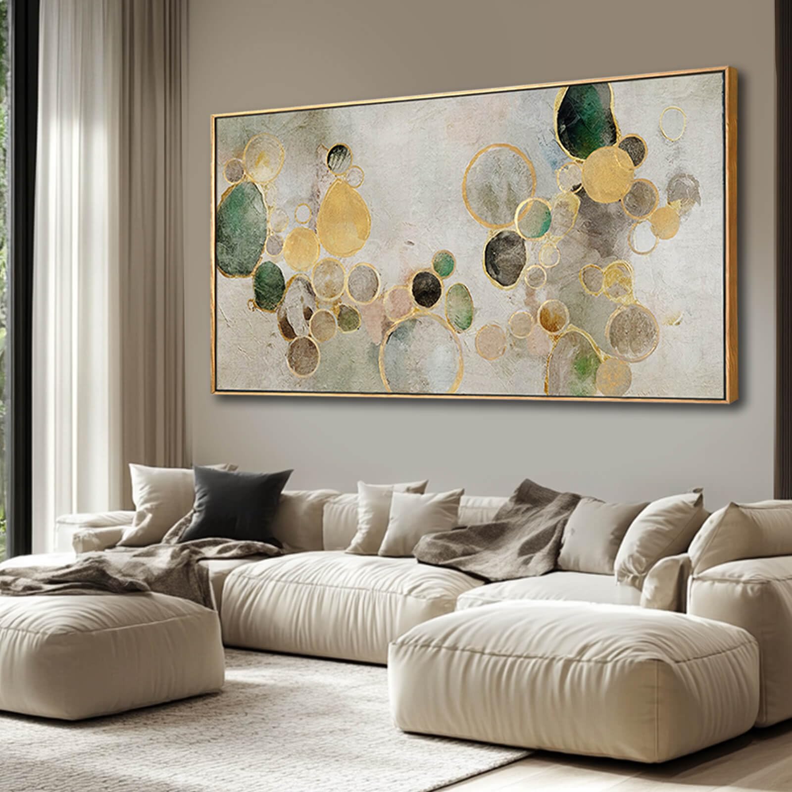 Large Abstract Wall Art – 29"x58" Gold Circle & Green Canvas Print for Living Room, Office or Bedroom Walls