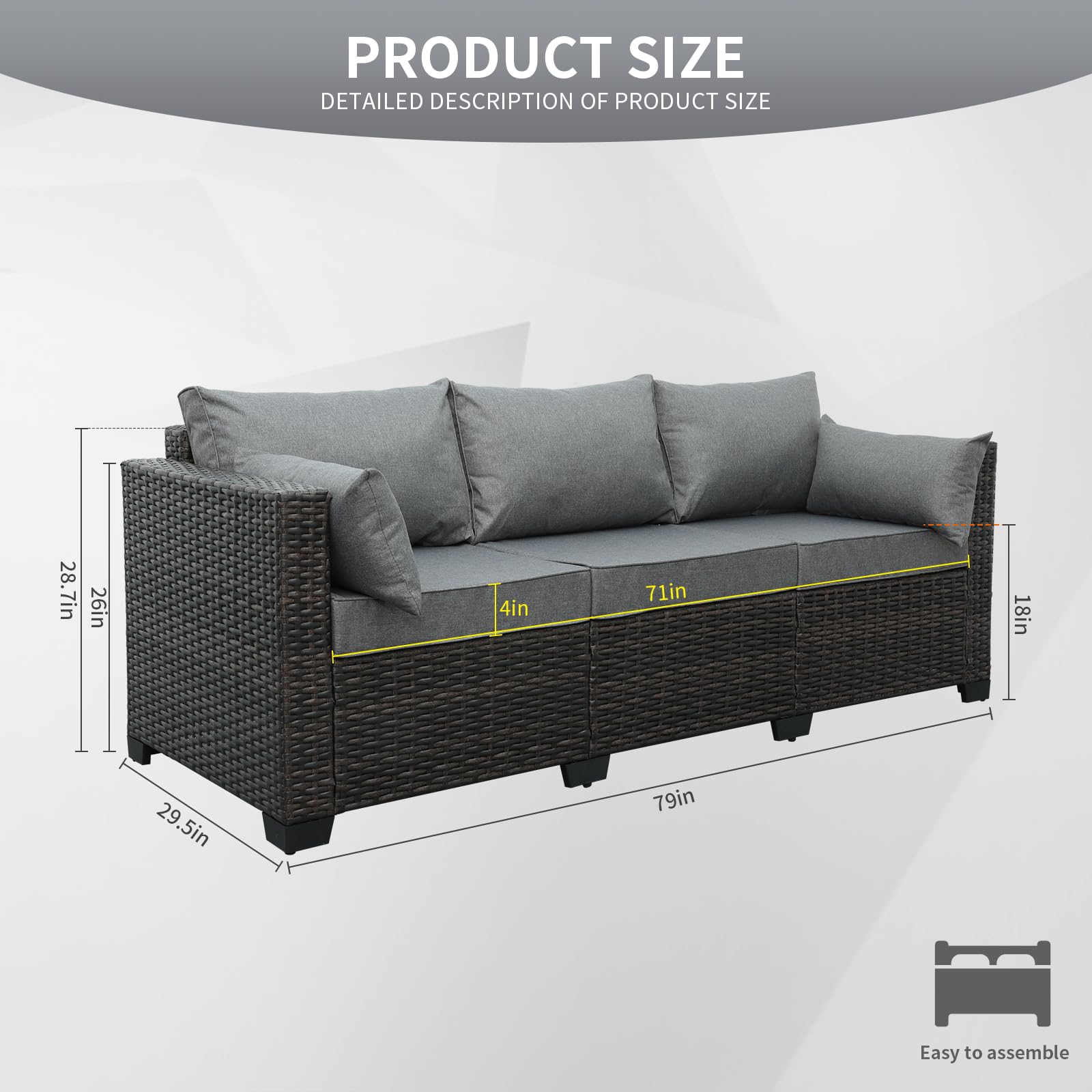 3-Seat Brown PE Wicker Outdoor Sofa, Deep Rattan Patio Couch with Washable Cushions for Garden, Balcony