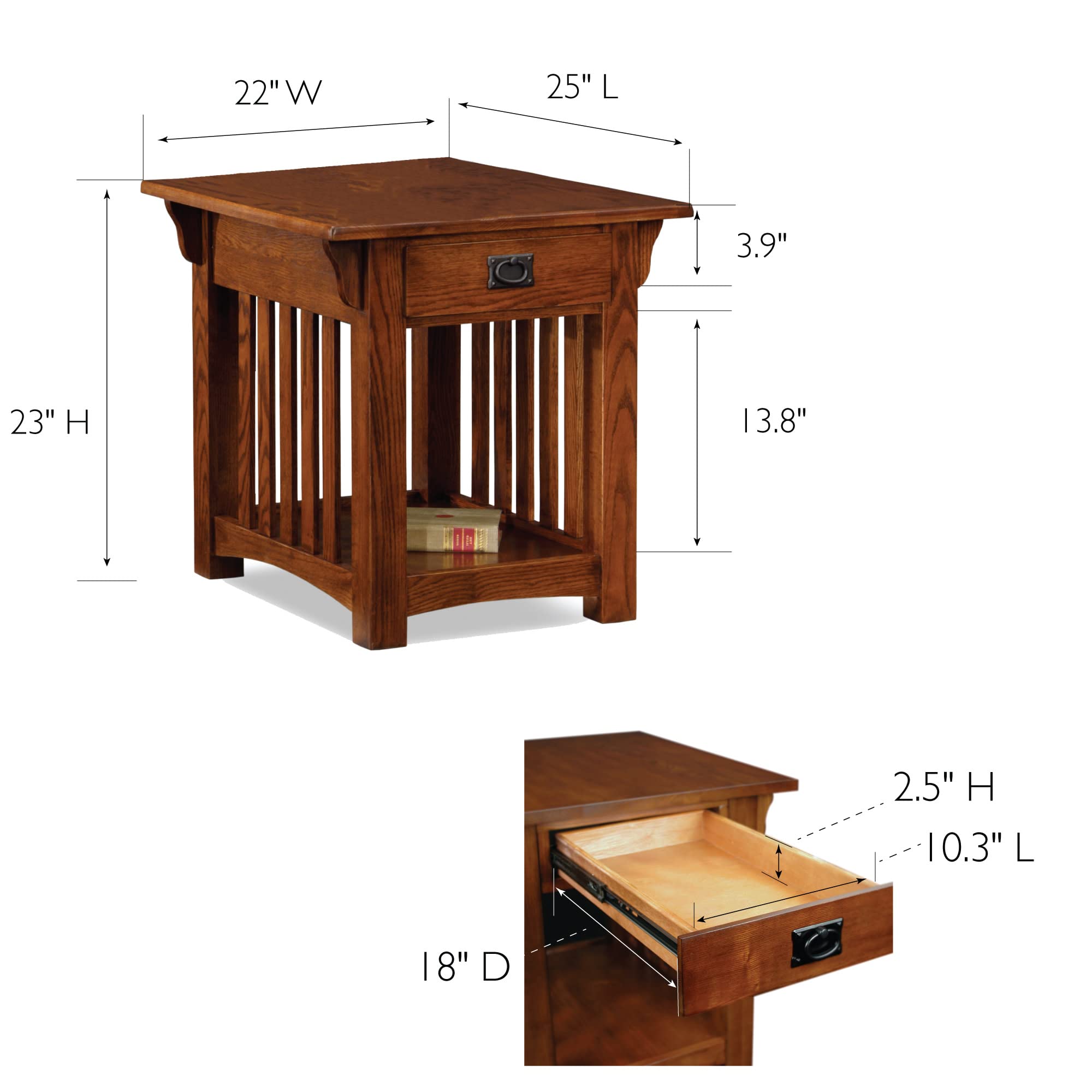 FURNIXI Mission Solid Wood End Table with Drawer & Shelf, Medium Oak Living Room Table with Slatted Sides