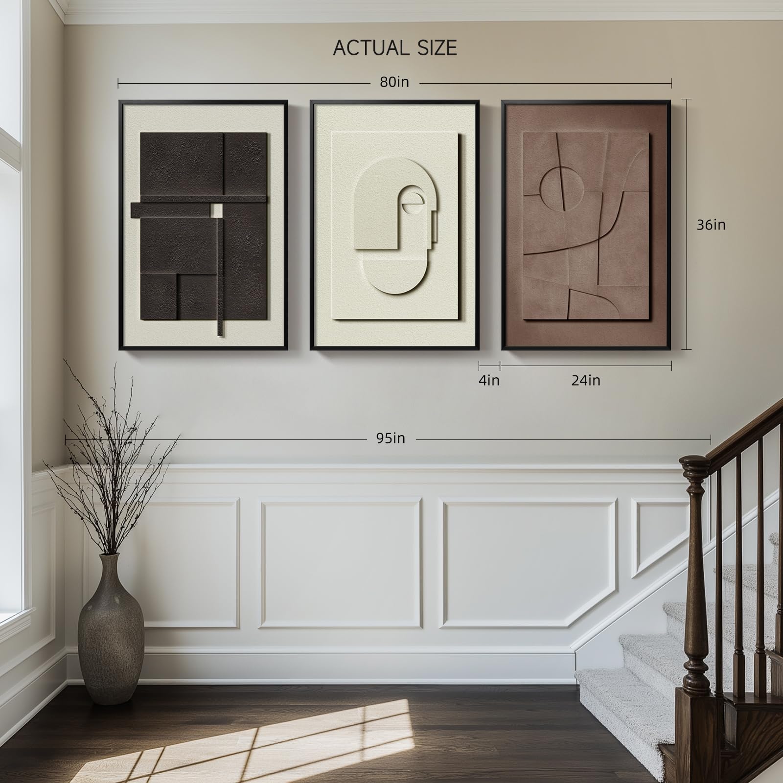 3-Piece Textured Abstract Wall Art – Framed Black White Brown Canvas for Living Room, Office or Hallway Decor