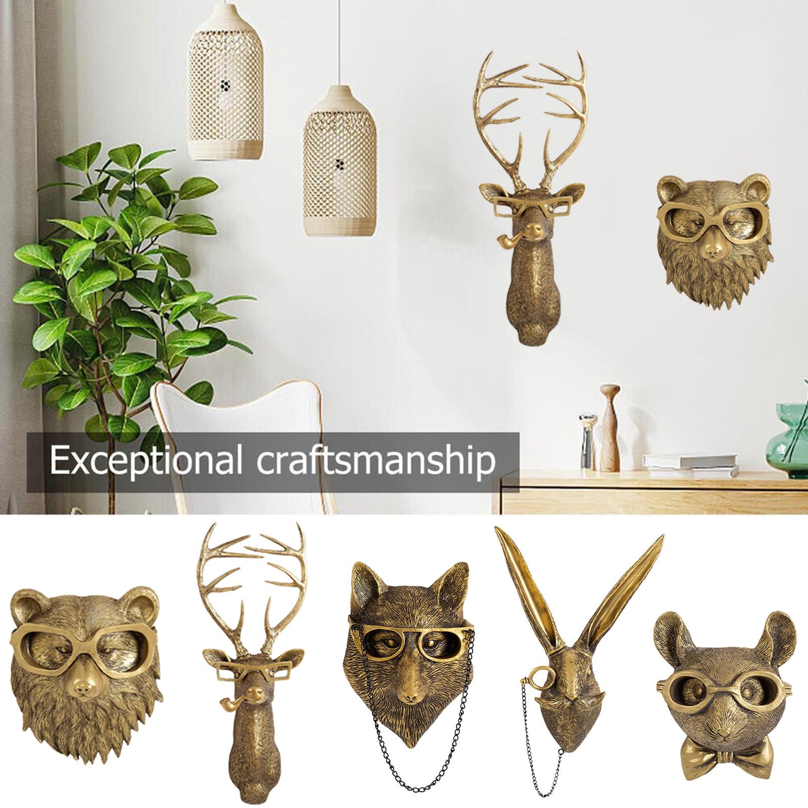5-Piece Faux Animal Head Wall Décor – Resin Deer Head Sculptures for Living Room, Kitchen, Bedroom or Gift
