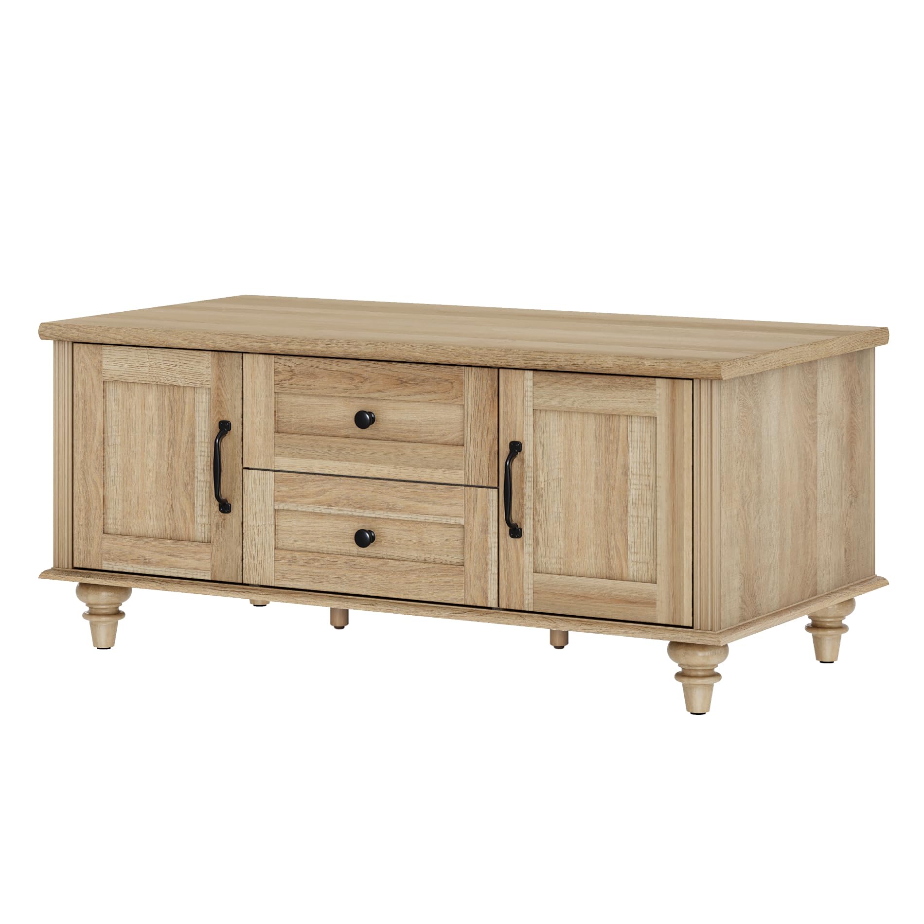 Farmhouse Coffee Table with Storage Cabinet, Rustic Wooden Center Table with Drawers for Living Room, Oak Finish