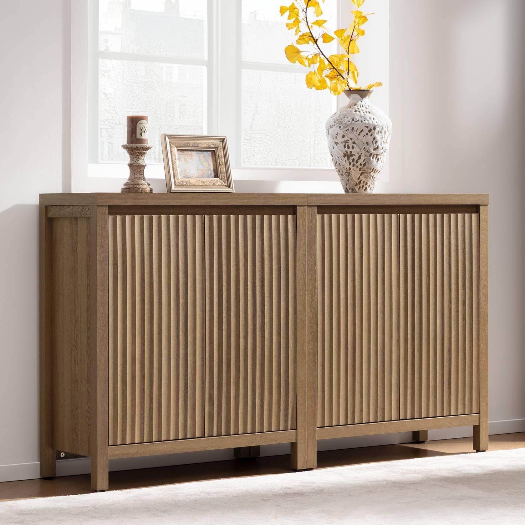 FURNIXI Set of 2 Fluted Sideboard Buffet Cabinets with Adjustable Shelves, Farmhouse Credenza for Kitchen, Oak
