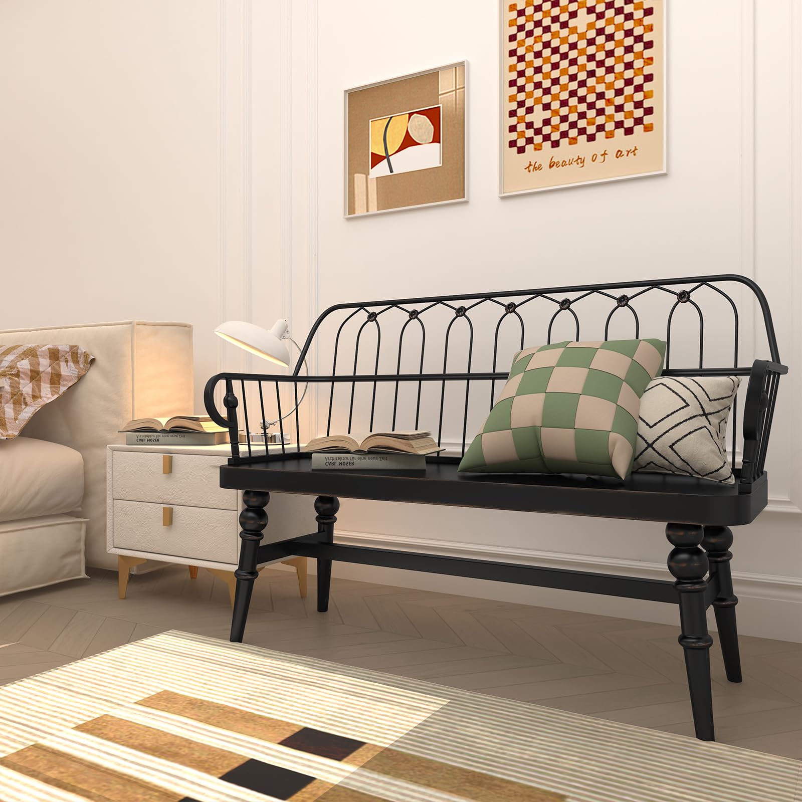 Farmhouse Spindle Back Entryway Bench, Wooden Dining Bench for Living Room, Mudroom, Hallway