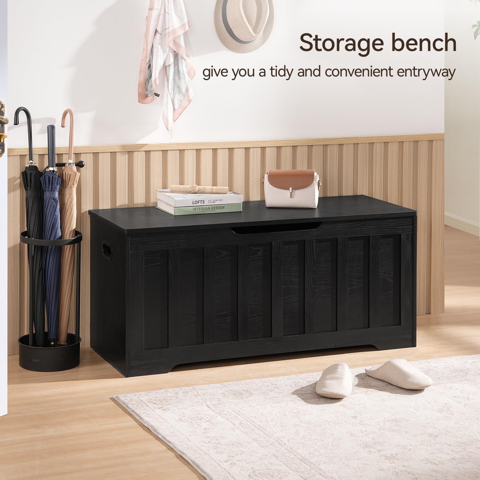 43.3" Extra Large Storage Chest, Black Wooden Bench Trunk with Hinges for Bedroom, Entryway, or Living Room