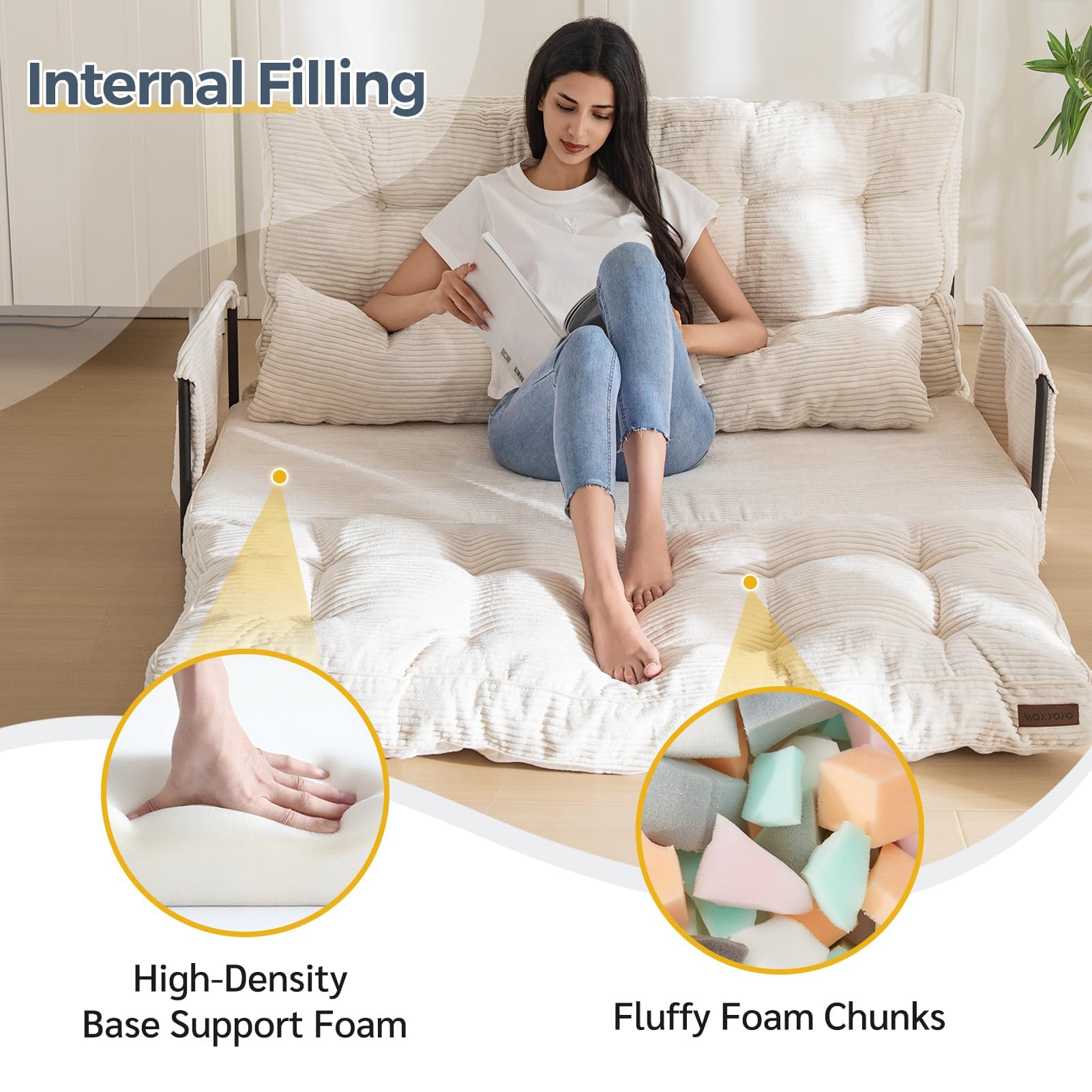 Adjustable Floor Sofa Bed with 2 Pillows, 5-Position Foldable Bean Bag Couch, Sleeper for Gaming, Reading, Beige