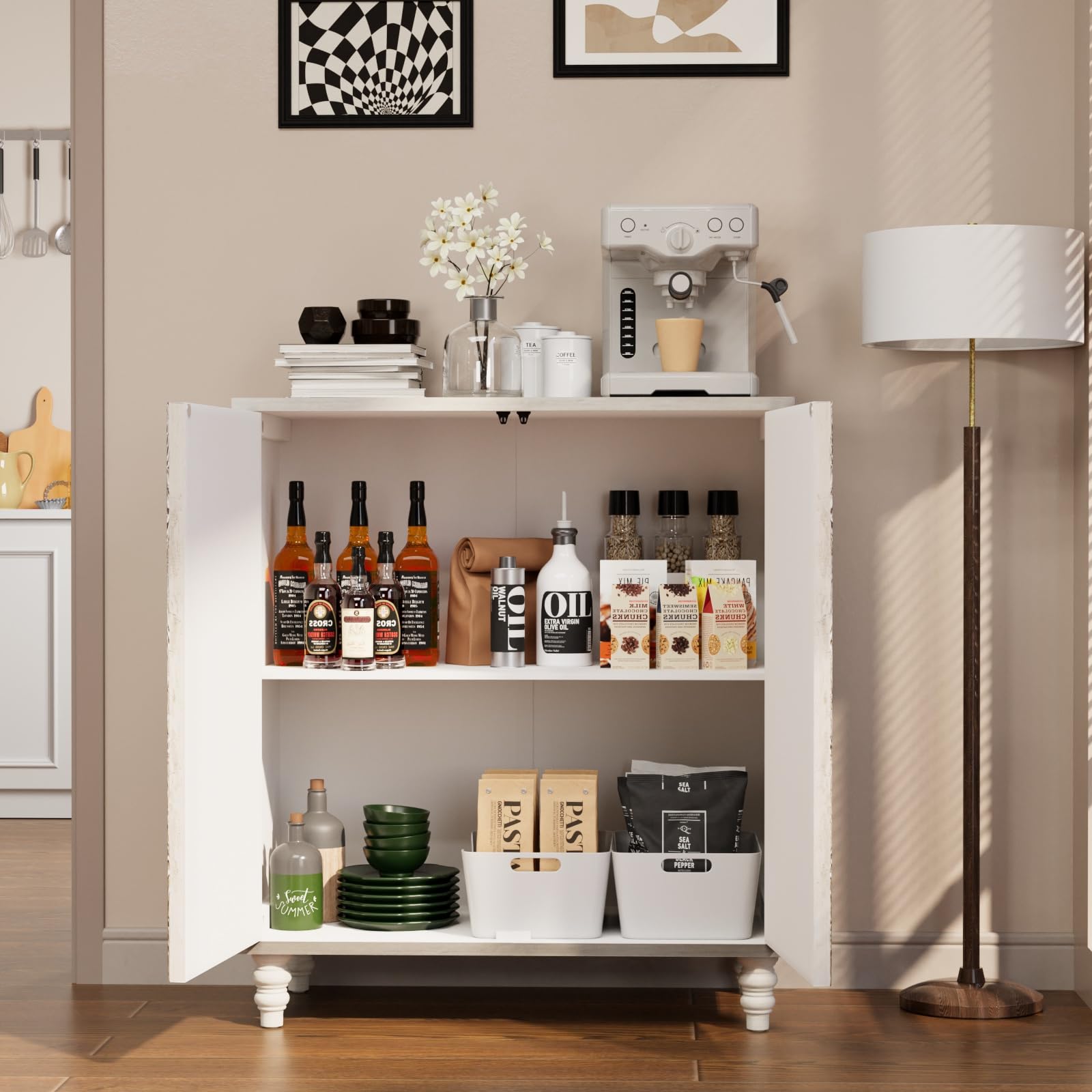 32" Sideboard Buffet Cabinet with Flower Pattern Doors, Vintage Push-to-Open Storage Table for Hallway, Gray